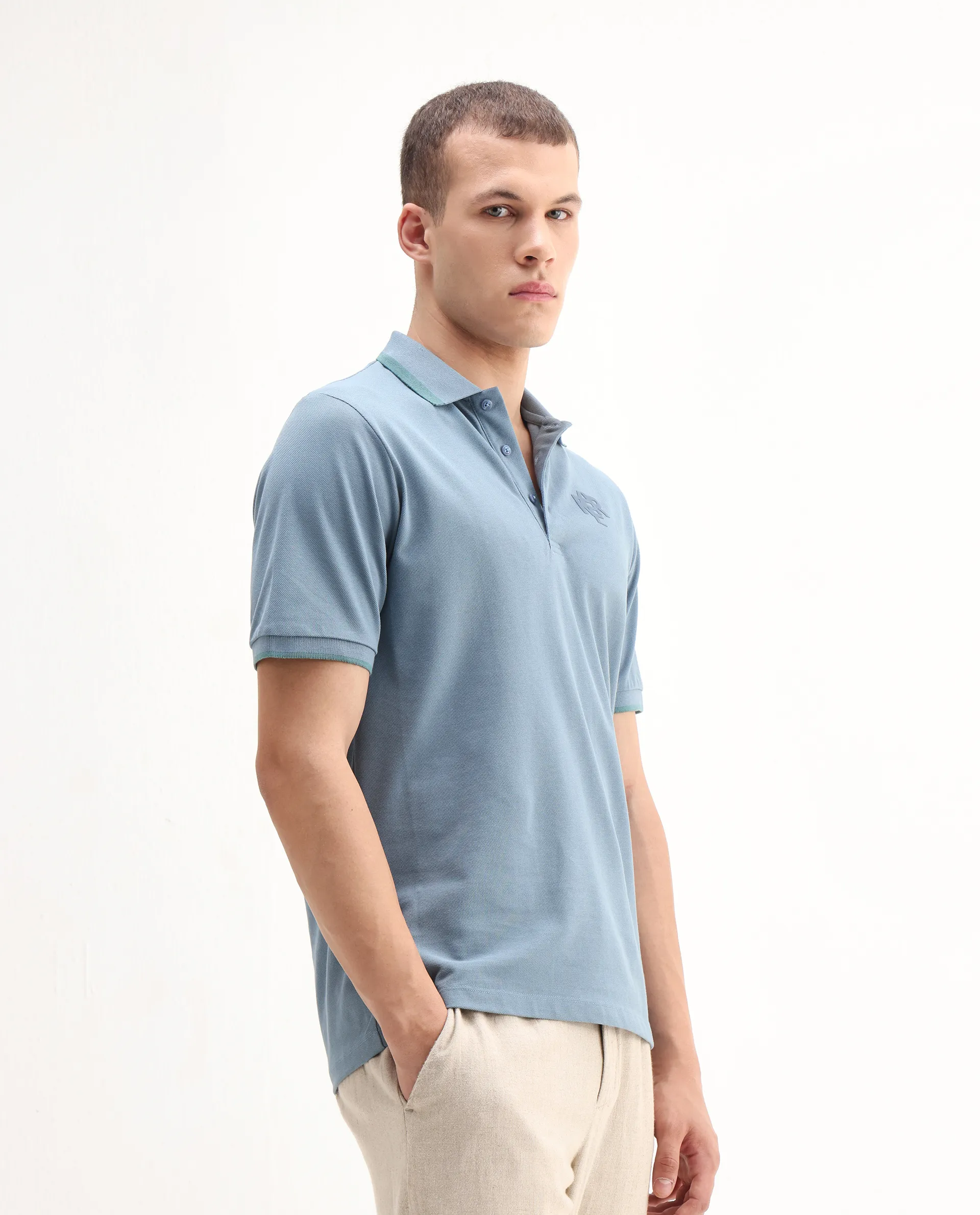 Rare Rabbit Men's Hux Dusky Teal Cotton Plain Regular Fit Half Sleeve Polo - Image 5