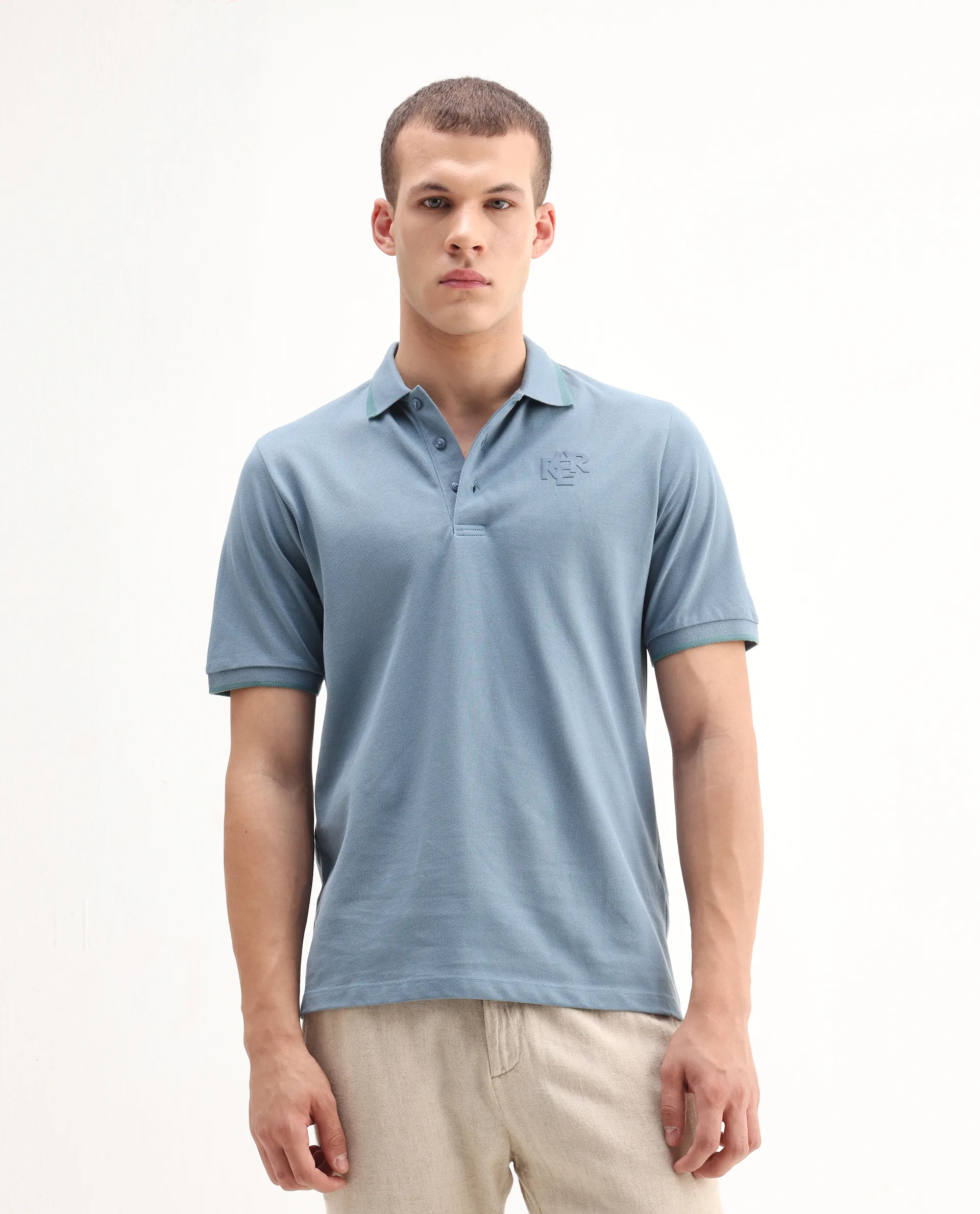 Rare Rabbit Men's Hux Dusky Teal Cotton Plain Regular Fit Half Sleeve Polo - Image 6