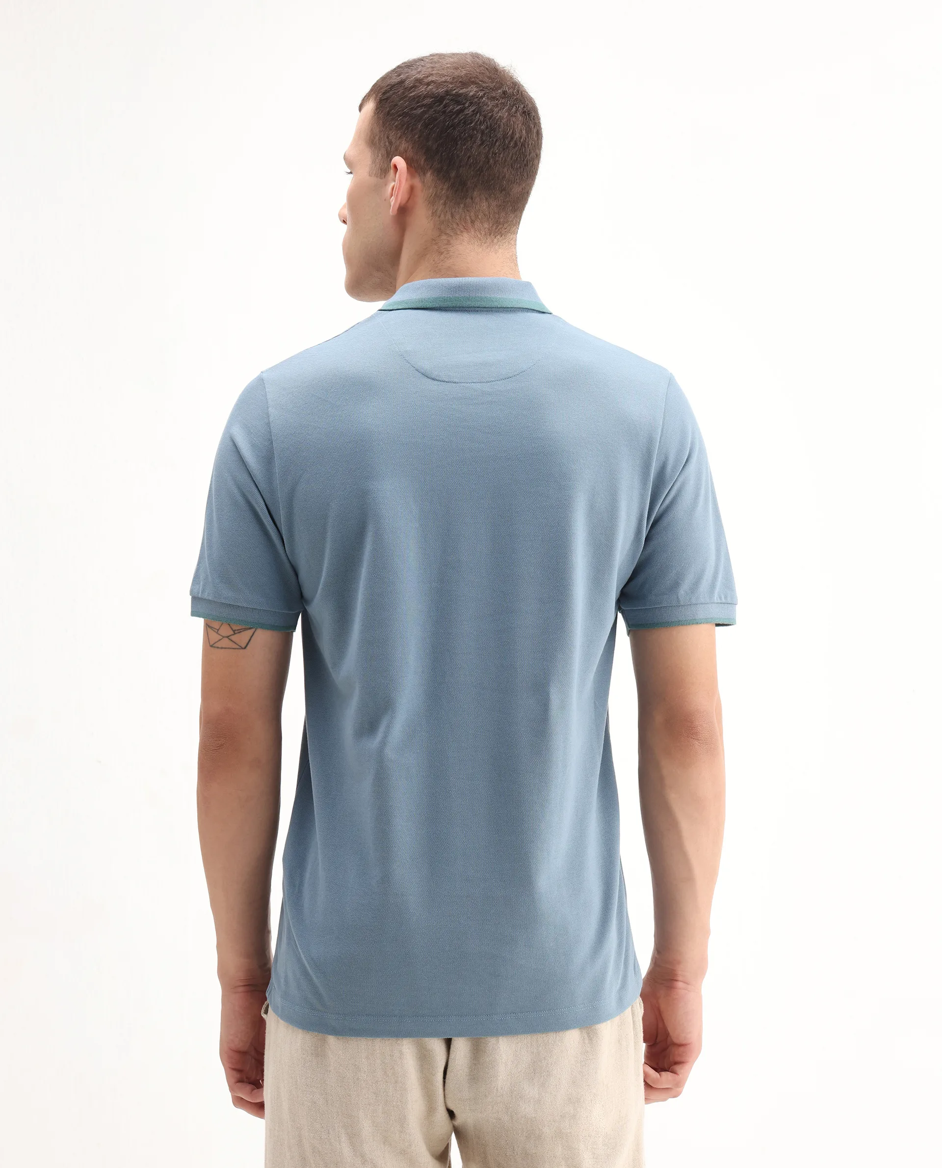 Rare Rabbit Men's Hux Dusky Teal Cotton Plain Regular Fit Half Sleeve Polo - Image 7