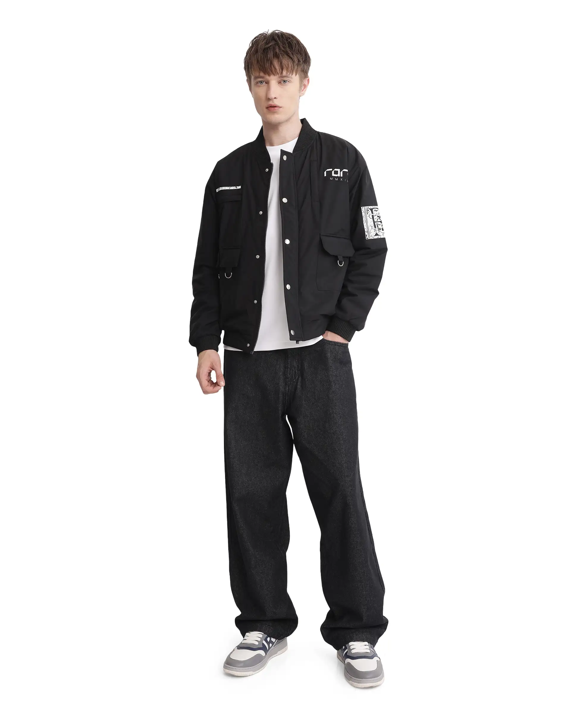 Rare Rabbit Men's Huxley Black Polyester Label Print Regular Fit Full Sleeve Ribbed Collar Jacket - Image 2