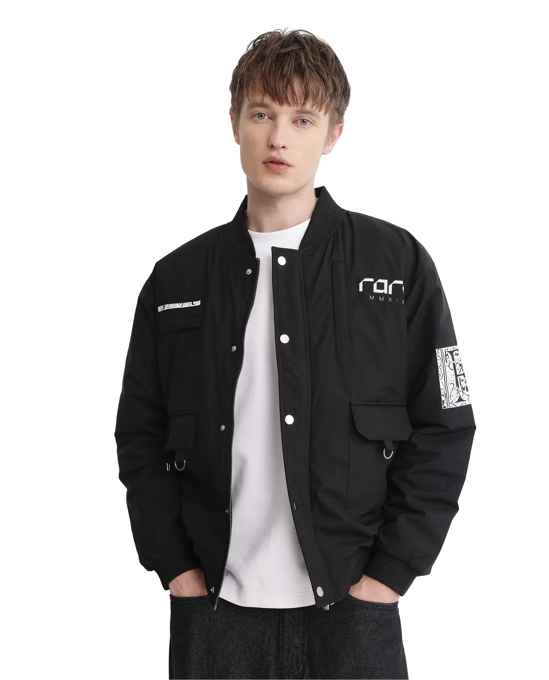 Rare Rabbit Men's Huxley Black Polyester Label Print Regular Fit Full Sleeve Ribbed Collar Jacket - Image 4