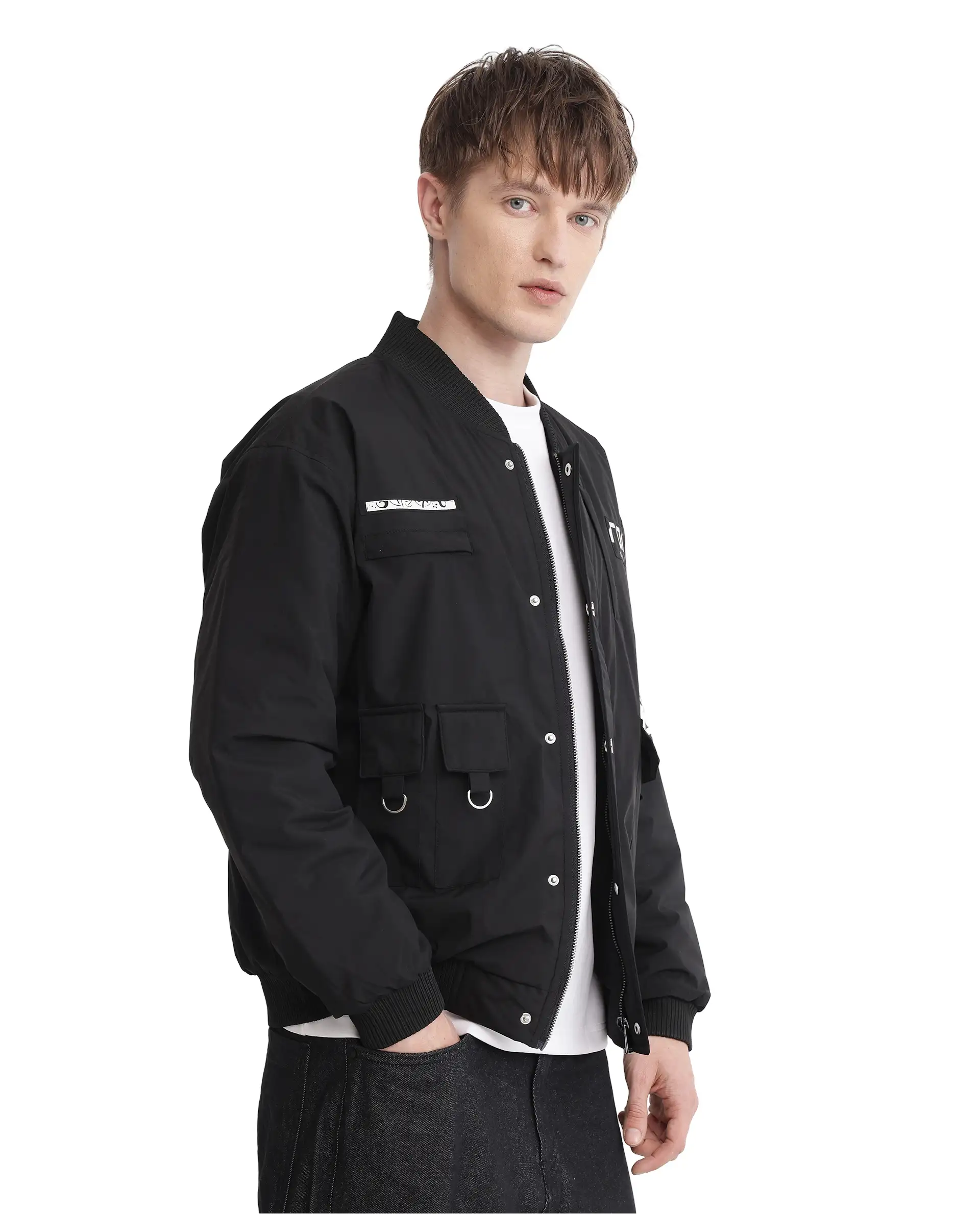 Rare Rabbit Men's Huxley Black Polyester Label Print Regular Fit Full Sleeve Ribbed Collar Jacket - Image 7