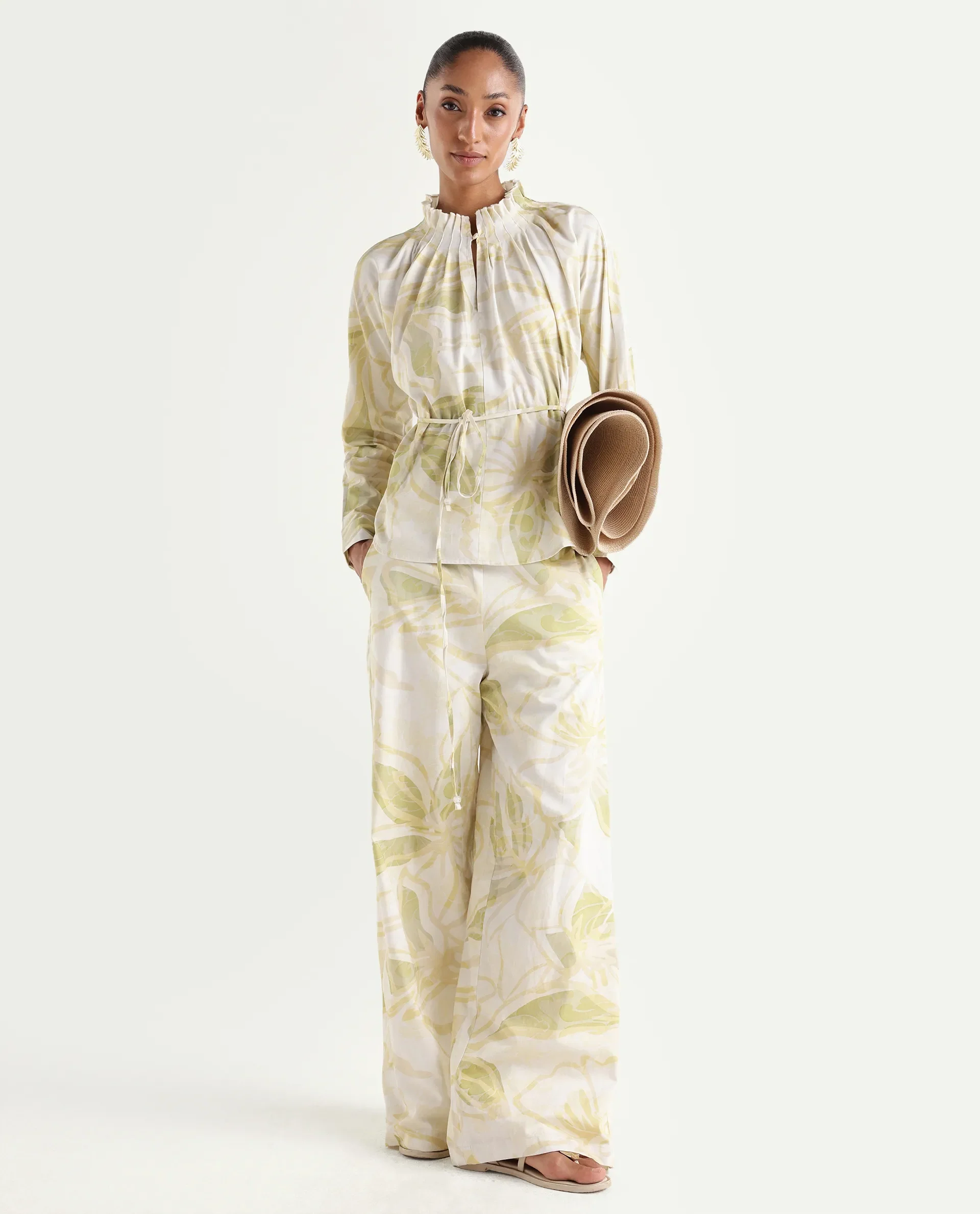 Rareism Women's Hyce-T Light Green Cotton Full Sleeve Pleated Neck Relaxed Fit Abstract Print Top - Image 2