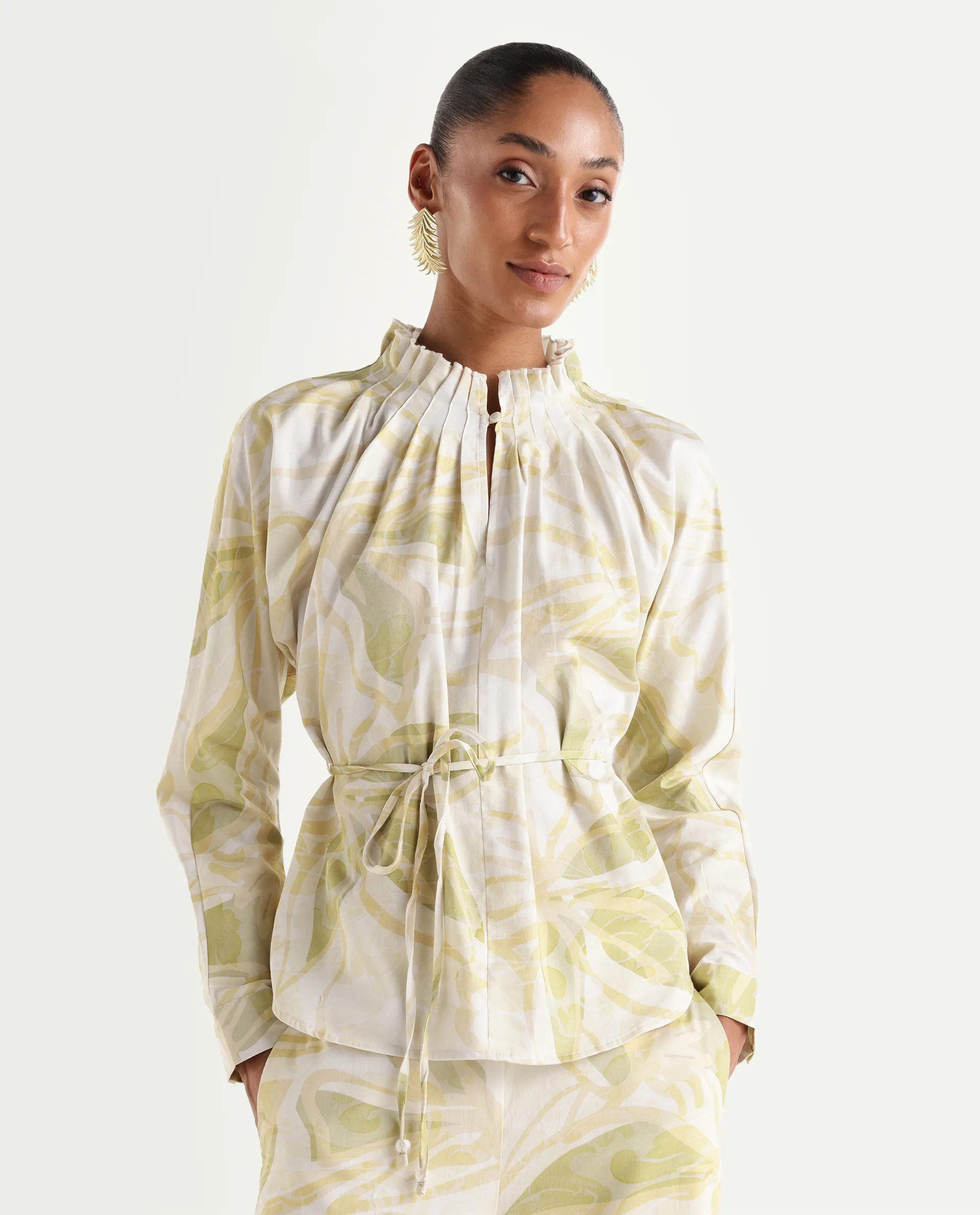 Rareism Women's Hyce-T Light Green Cotton Full Sleeve Pleated Neck Relaxed Fit Abstract Print Top - Image 3
