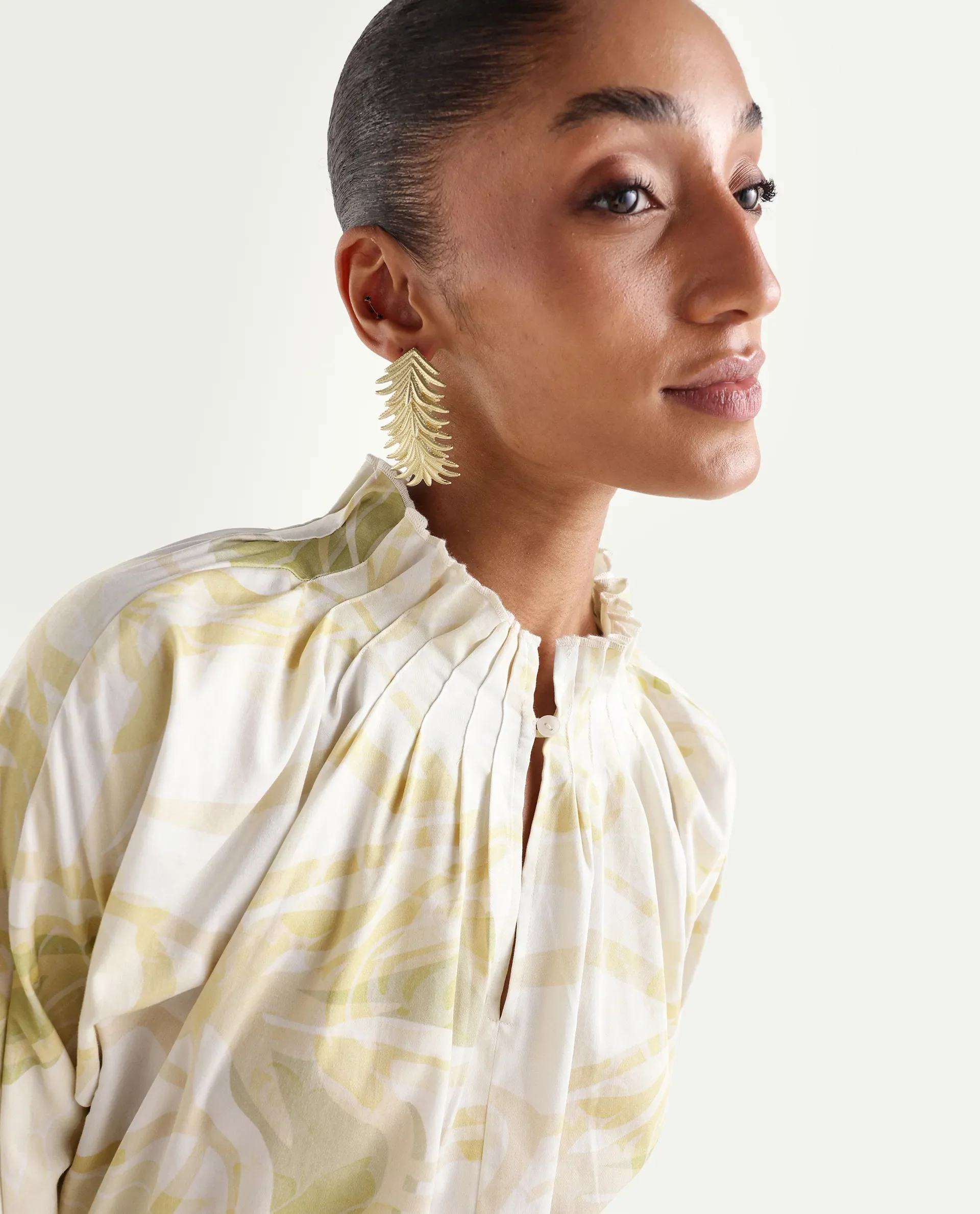 Rareism Women's Hyce-T Light Green Cotton Full Sleeve Pleated Neck Relaxed Fit Abstract Print Top - Image 4