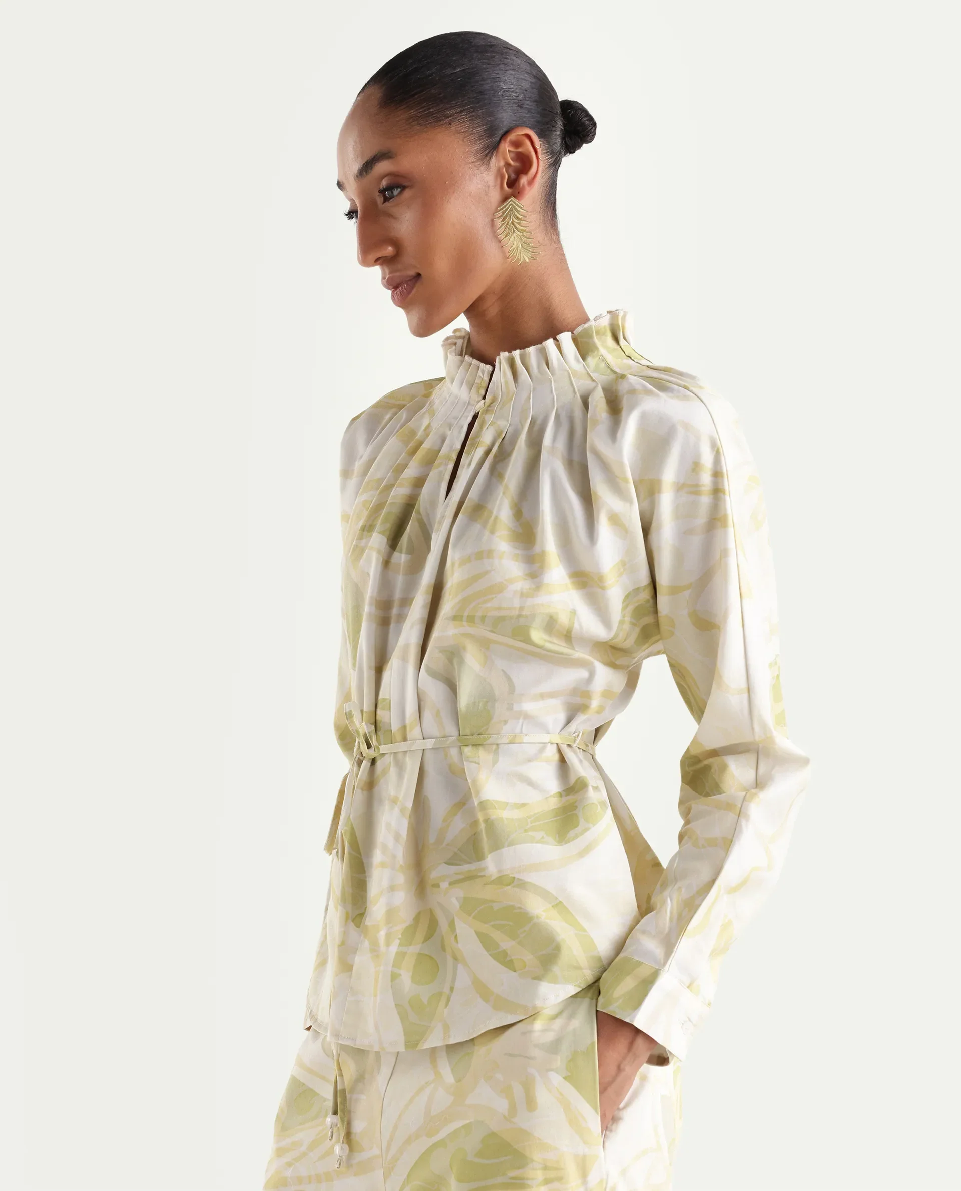 Rareism Women's Hyce-T Light Green Cotton Full Sleeve Pleated Neck Relaxed Fit Abstract Print Top - Image 5