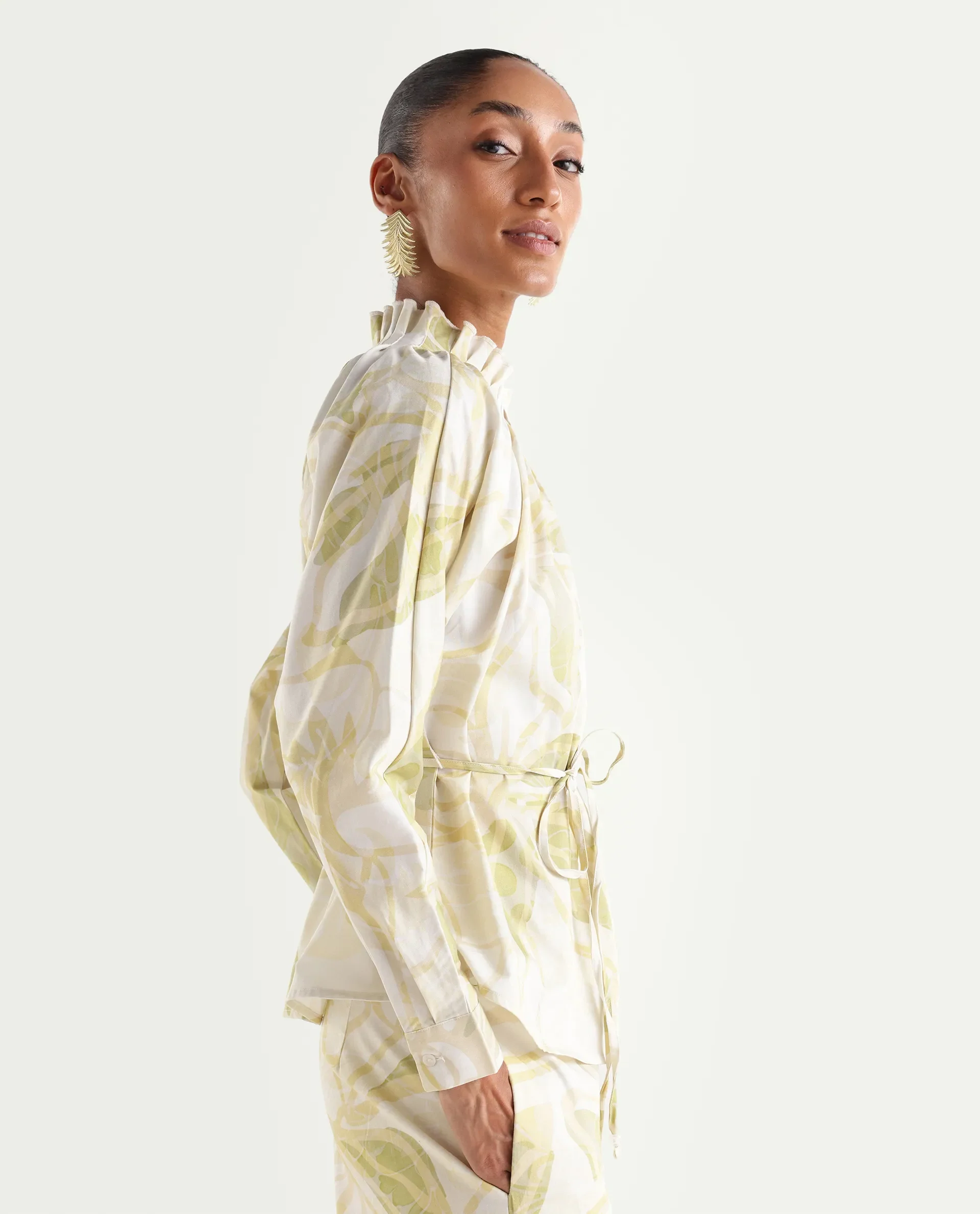 Rareism Women's Hyce-T Light Green Cotton Full Sleeve Pleated Neck Relaxed Fit Abstract Print Top - Image 6