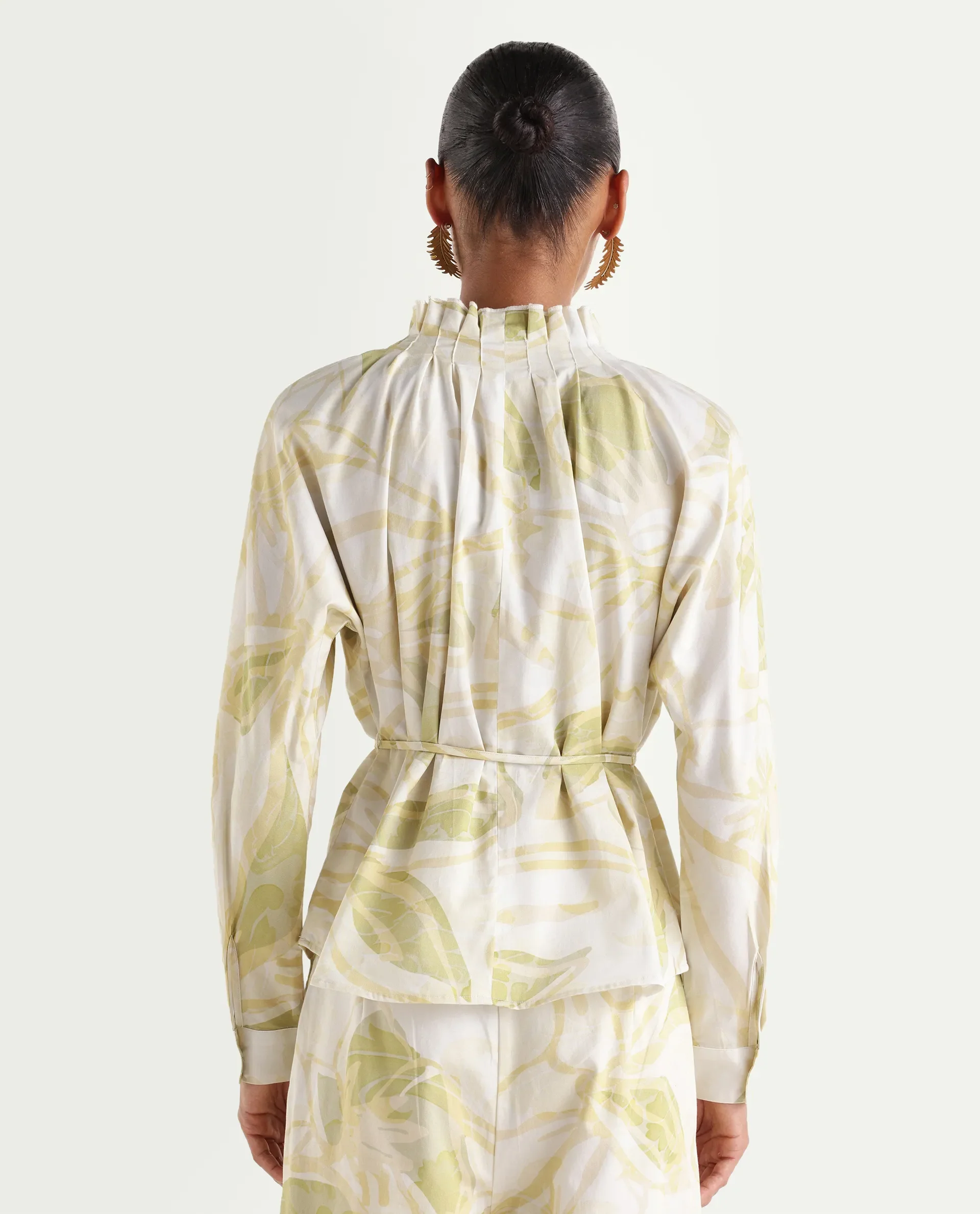 Rareism Women's Hyce-T Light Green Cotton Full Sleeve Pleated Neck Relaxed Fit Abstract Print Top - Image 7