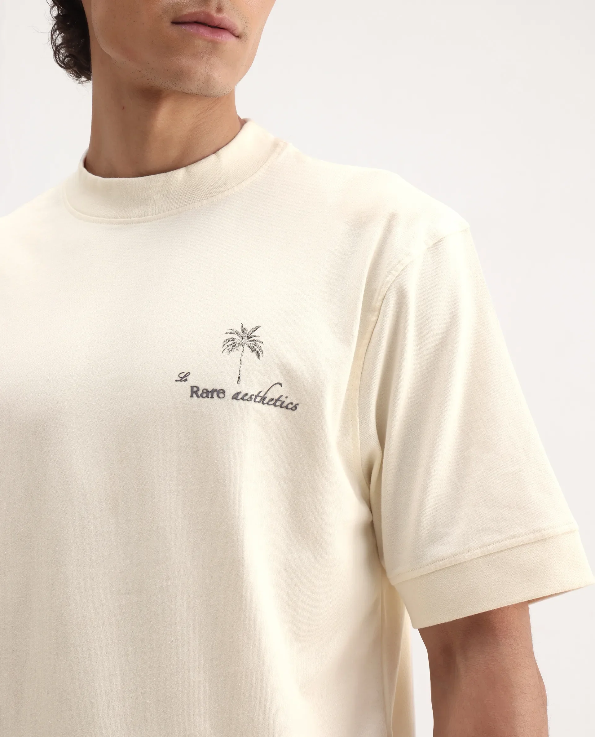 Rare Rabbit Men's Hyde Off White Cotton Embroidered Oversized Fit Half Sleeve Crew Neck T-Shirt - Image 2