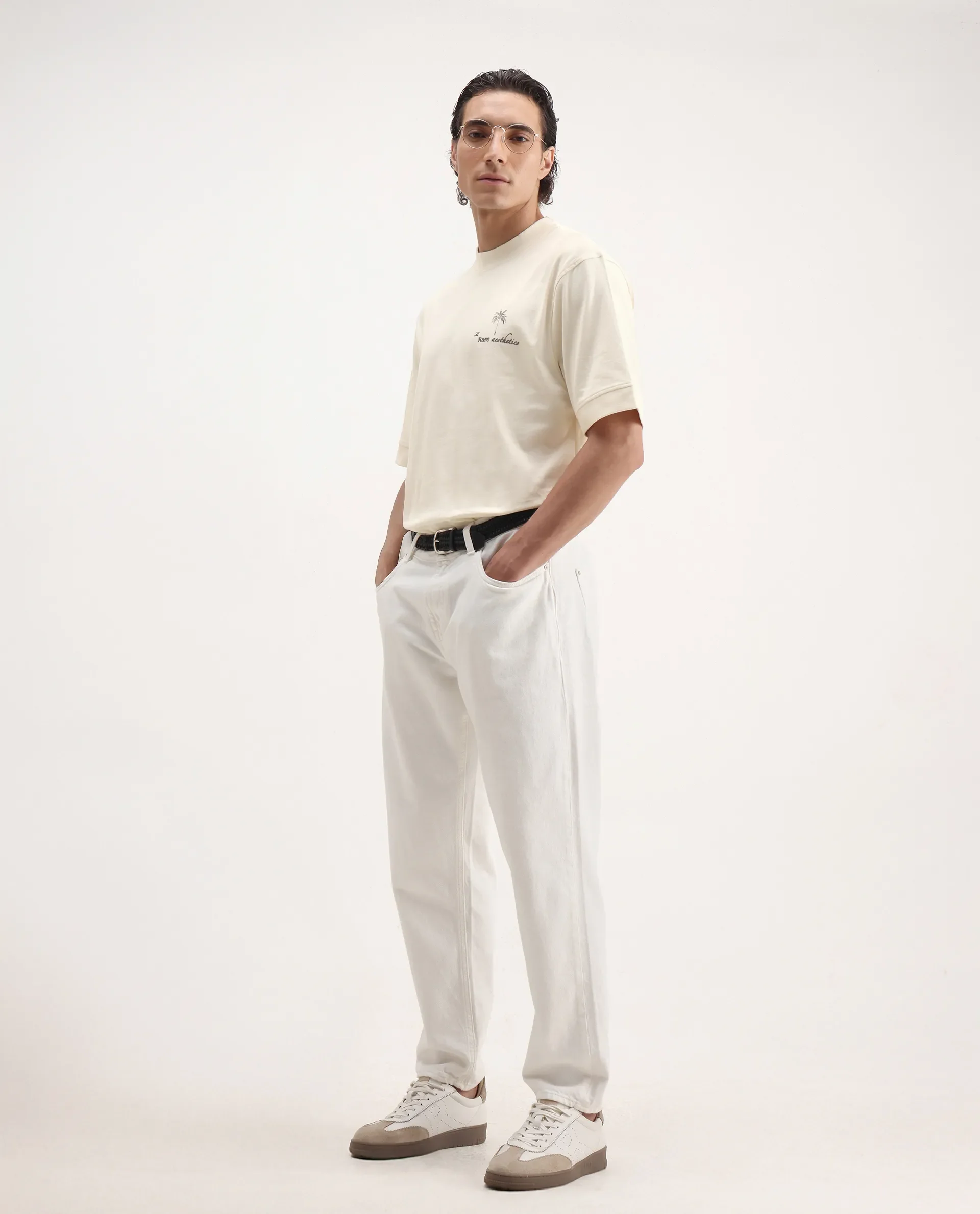 Rare Rabbit Men's Hyde Off White Cotton Embroidered Oversized Fit Half Sleeve Crew Neck T-Shirt - Image 3