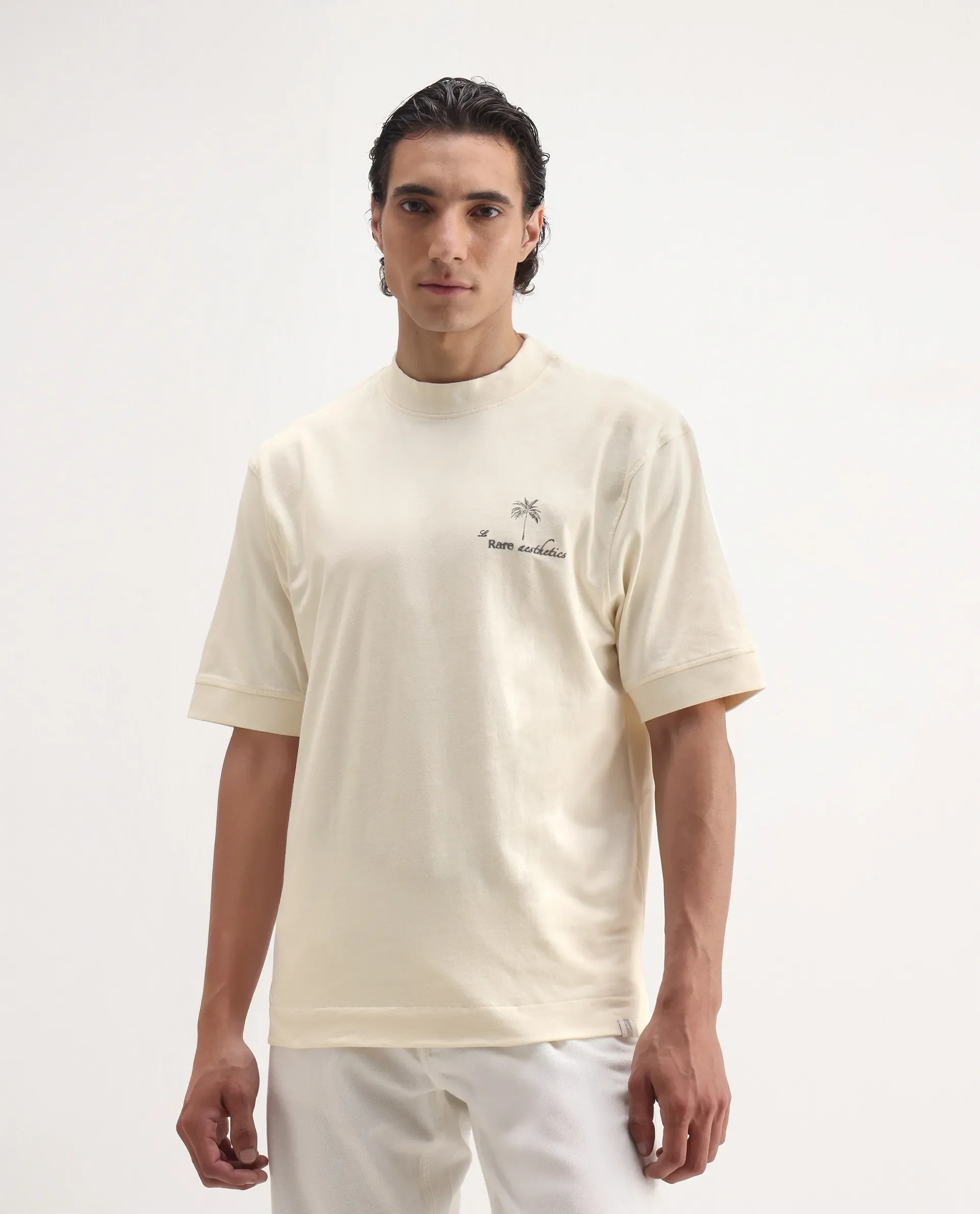 Rare Rabbit Men's Hyde Off White Cotton Embroidered Oversized Fit Half Sleeve Crew Neck T-Shirt - Image 4