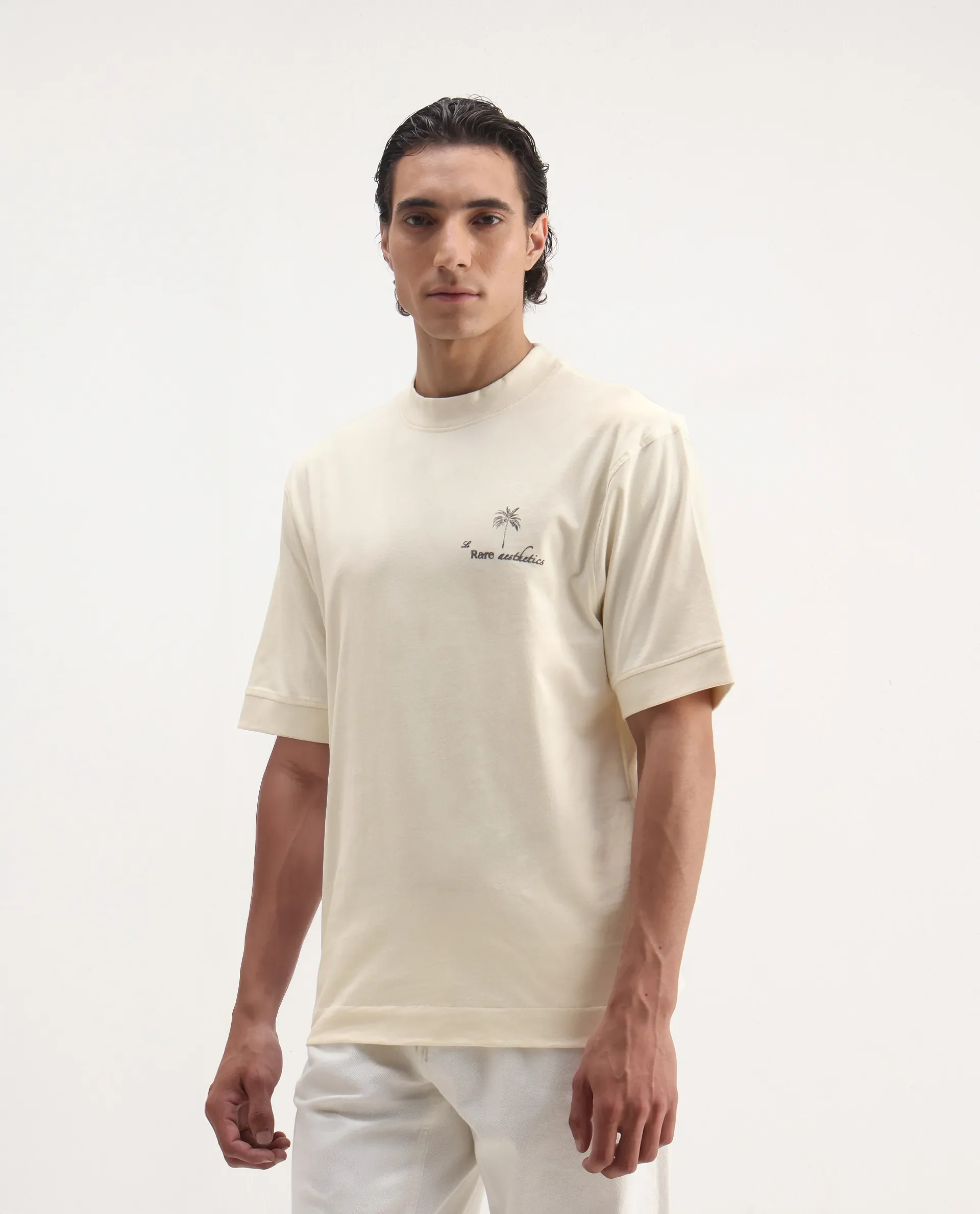 Rare Rabbit Men's Hyde Off White Cotton Embroidered Oversized Fit Half Sleeve Crew Neck T-Shirt - Image 5
