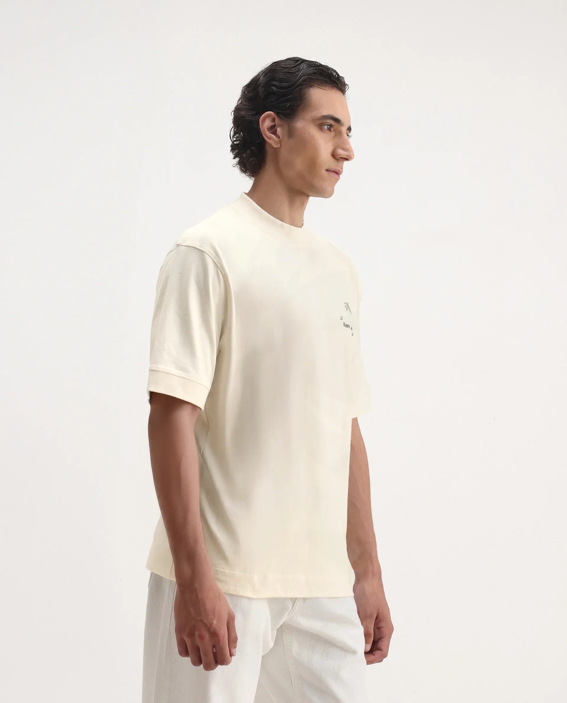 Rare Rabbit Men's Hyde Off White Cotton Embroidered Oversized Fit Half Sleeve Crew Neck T-Shirt - Image 6