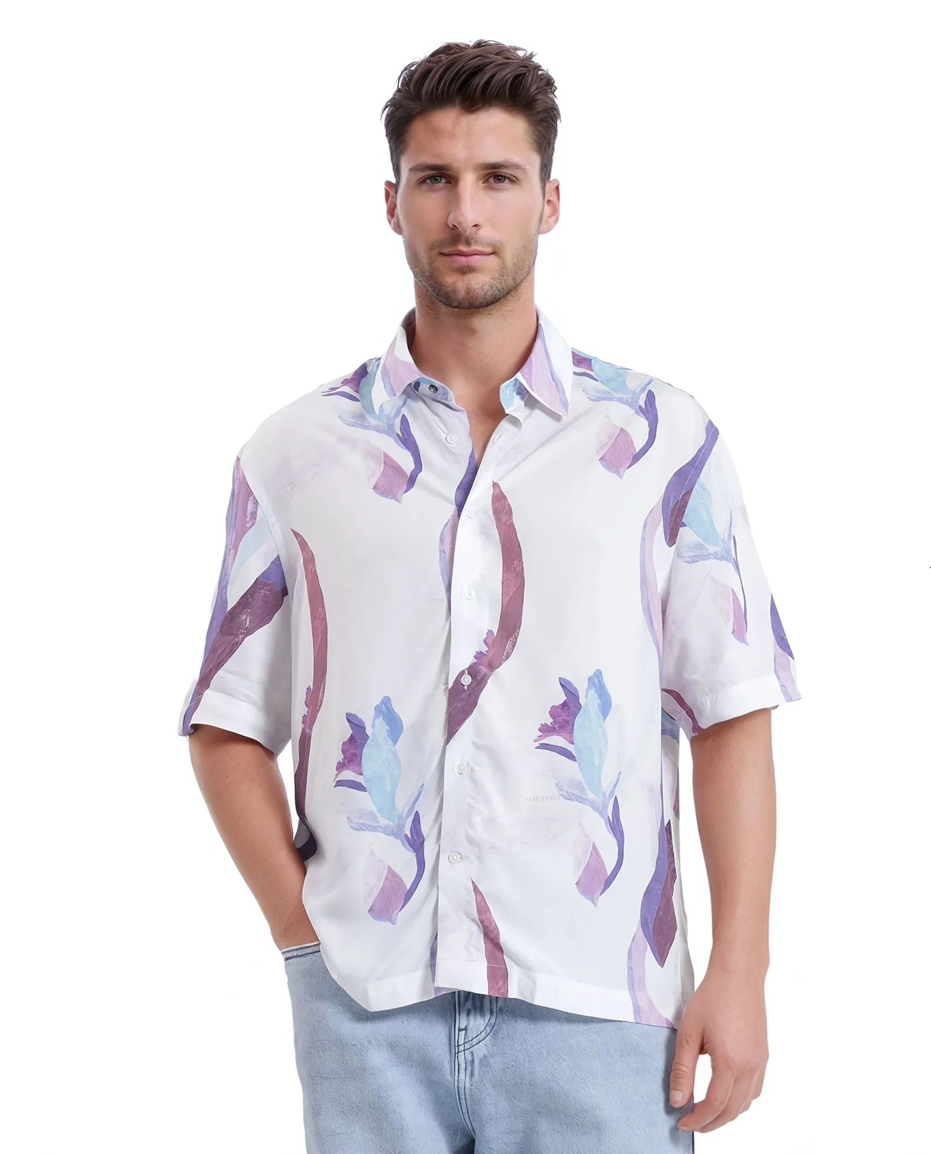 Rare Rabbit Men's Hydra White Viscose Floral Print Boxy Fit Half Sleeve Collared Shirt