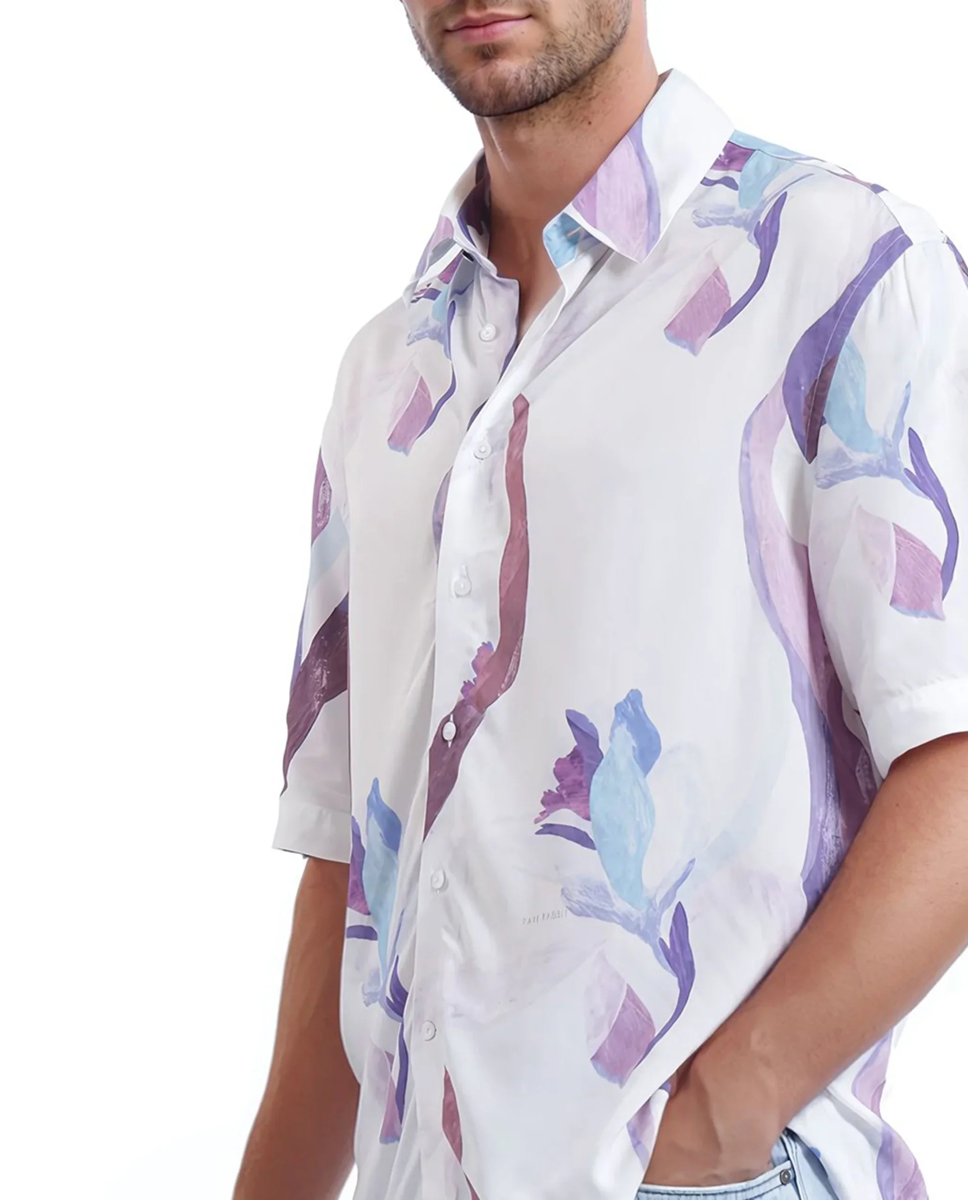 Rare Rabbit Men's Hydra White Viscose Floral Print Boxy Fit Half Sleeve Collared Shirt - Image 5