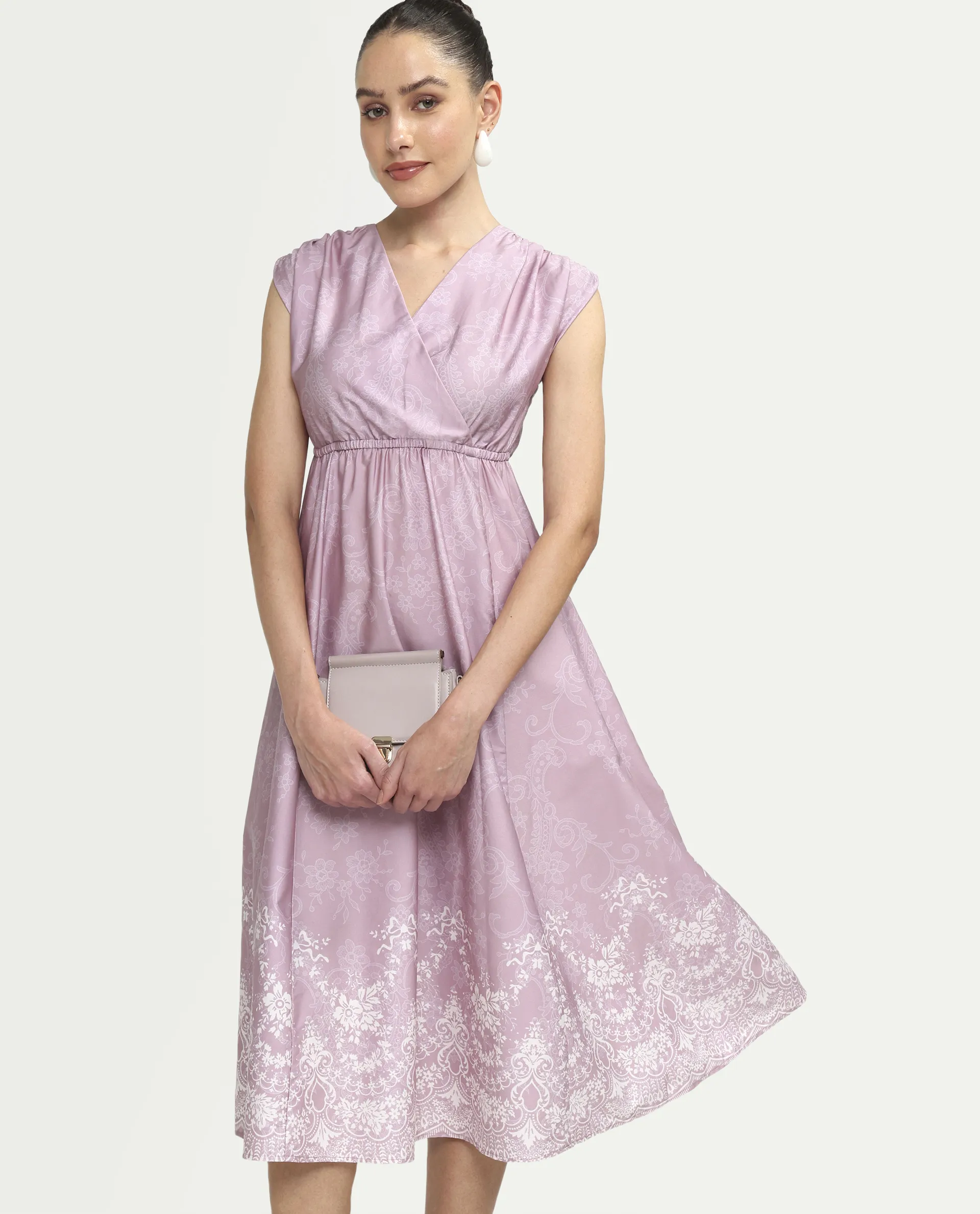 Rareism Women's Hync Pink Cotton Half Sleeve V-Neck Elastic Fit And Flare Ornamental Print Dress