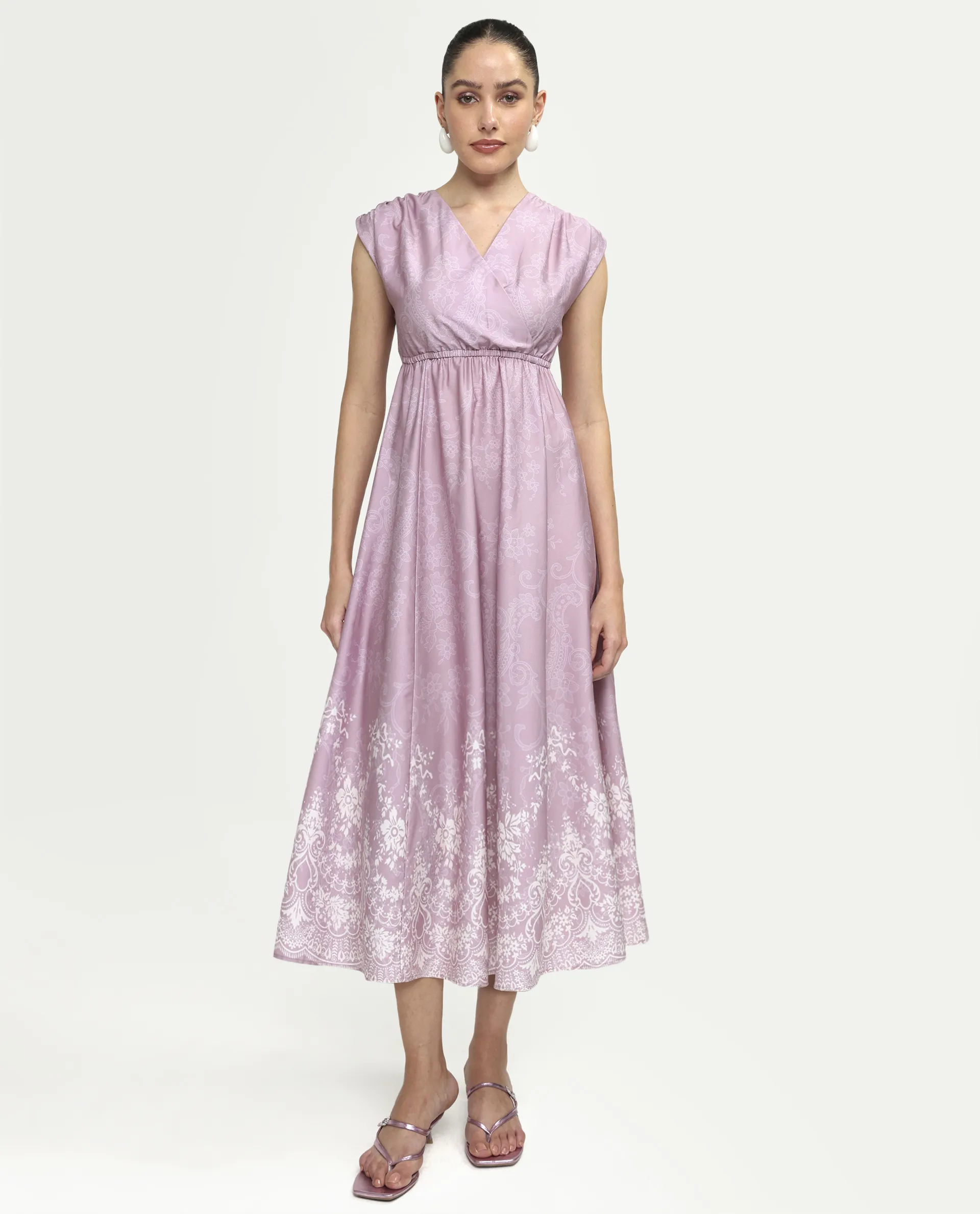Rareism Women's Hync Pink Cotton Half Sleeve V-Neck Elastic Fit And Flare Ornamental Print Dress - Image 2