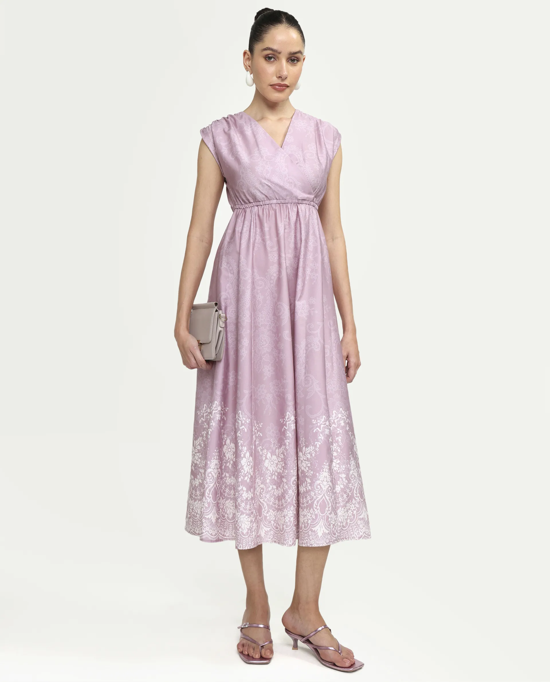 Rareism Women's Hync Pink Cotton Half Sleeve V-Neck Elastic Fit And Flare Ornamental Print Dress - Image 3