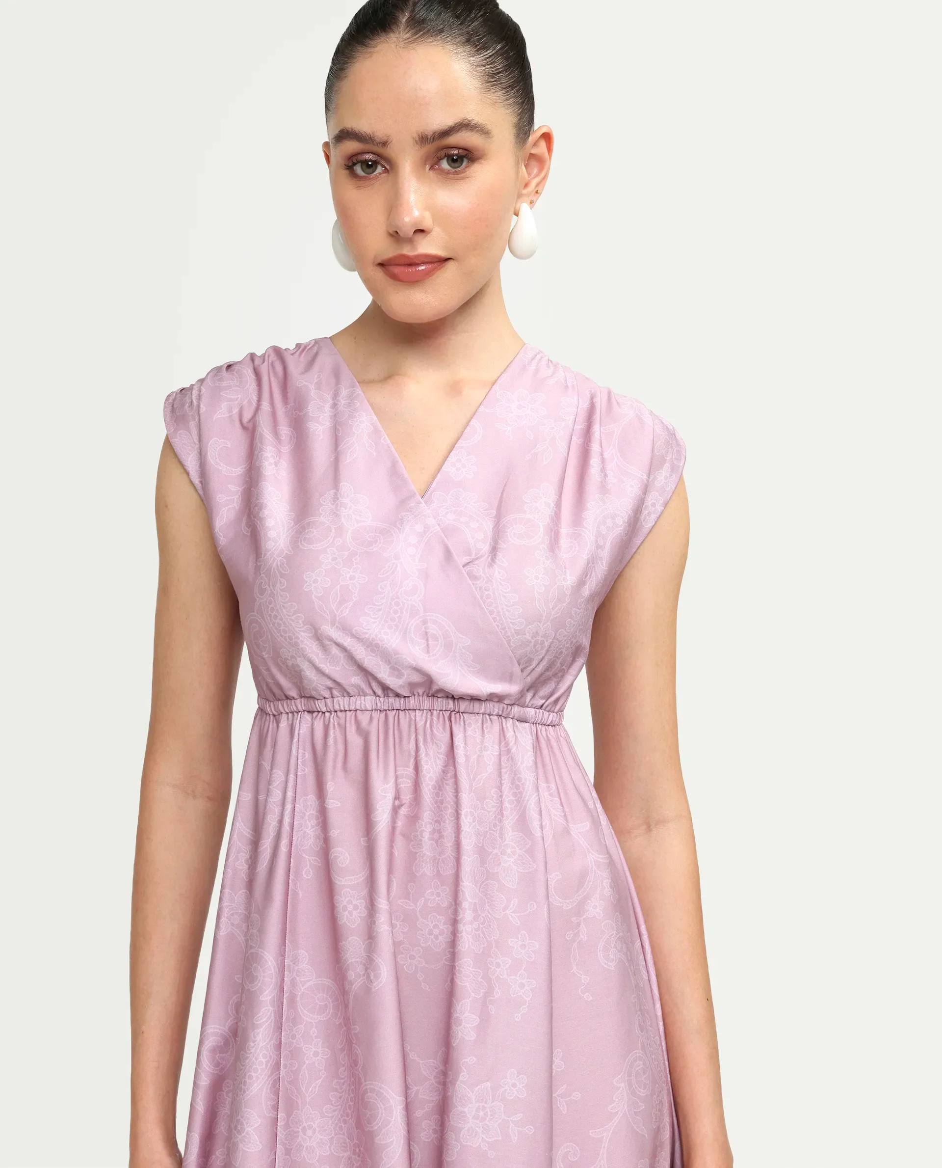 Rareism Women's Hync Pink Cotton Half Sleeve V-Neck Elastic Fit And Flare Ornamental Print Dress - Image 4