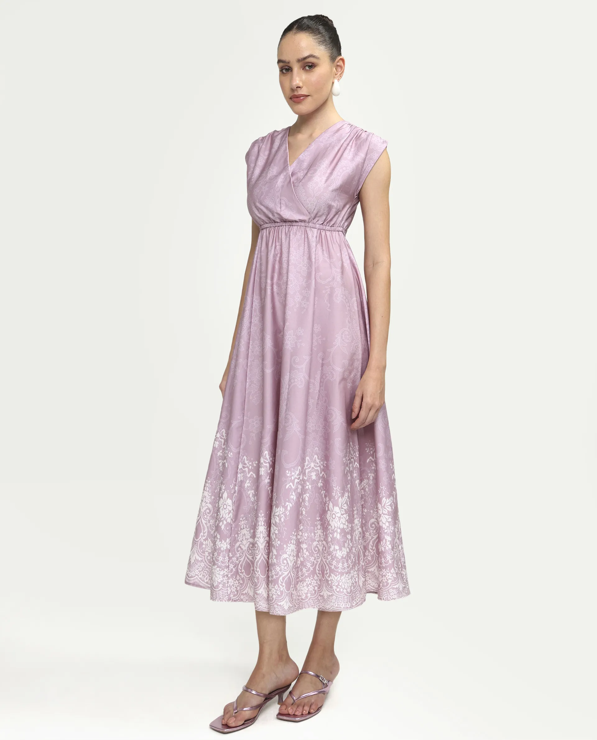 Rareism Women's Hync Pink Cotton Half Sleeve V-Neck Elastic Fit And Flare Ornamental Print Dress - Image 5