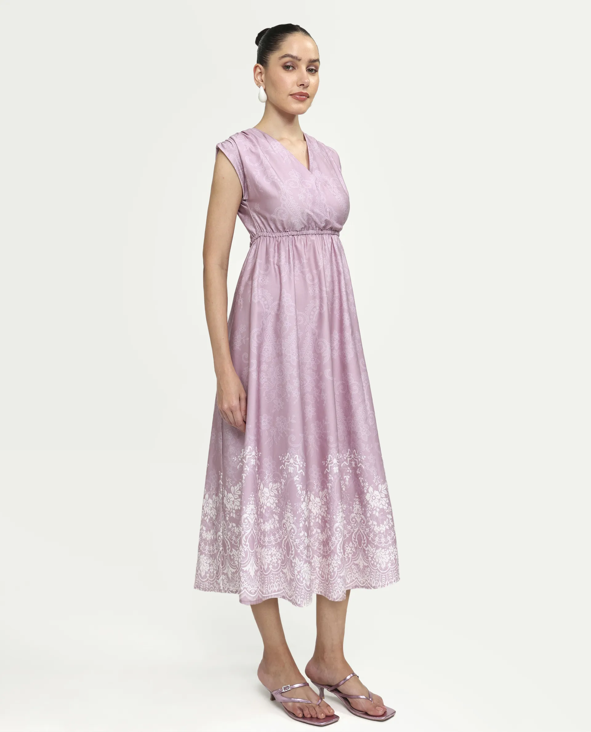 Rareism Women's Hync Pink Cotton Half Sleeve V-Neck Elastic Fit And Flare Ornamental Print Dress - Image 6