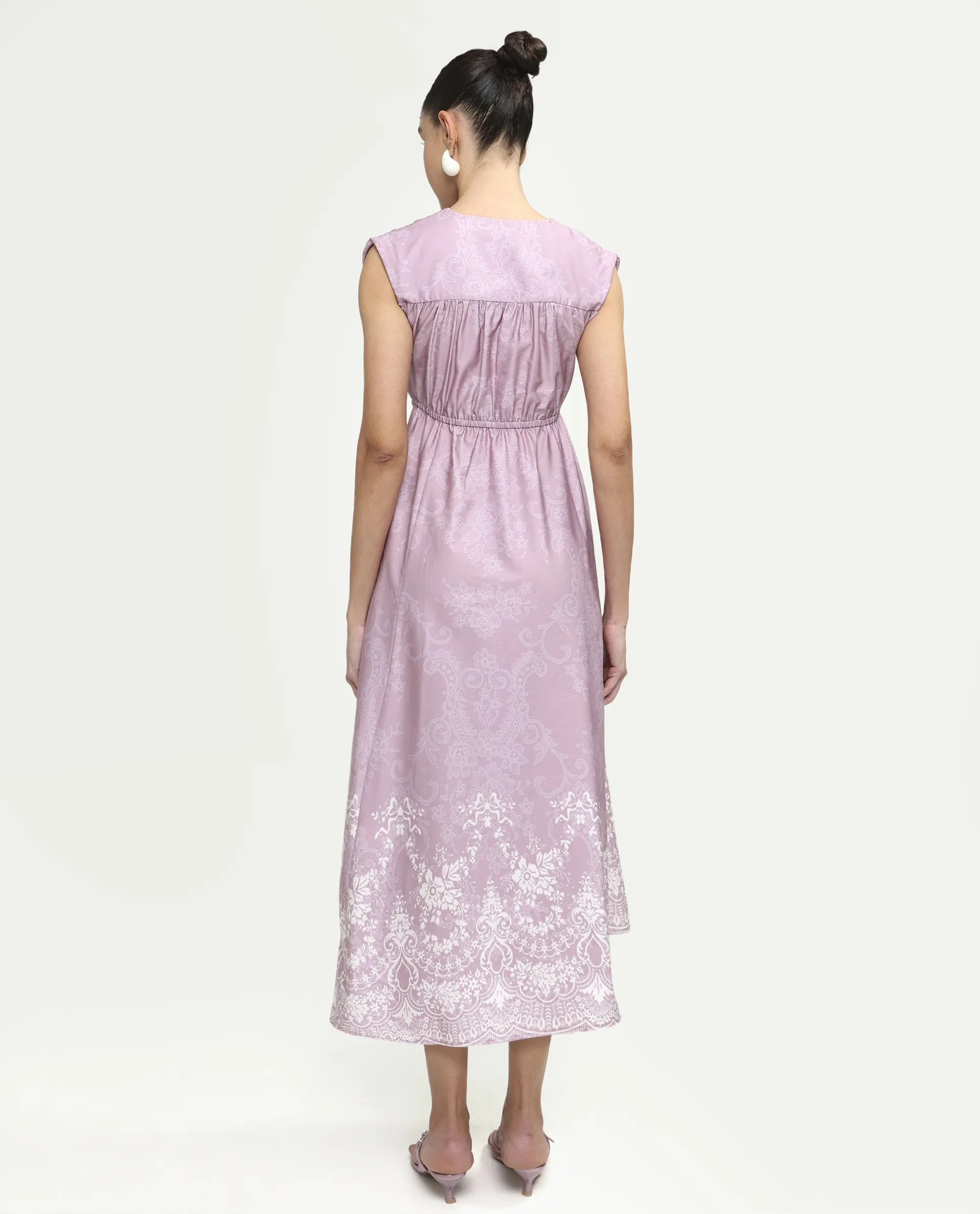 Rareism Women's Hync Pink Cotton Half Sleeve V-Neck Elastic Fit And Flare Ornamental Print Dress - Image 7