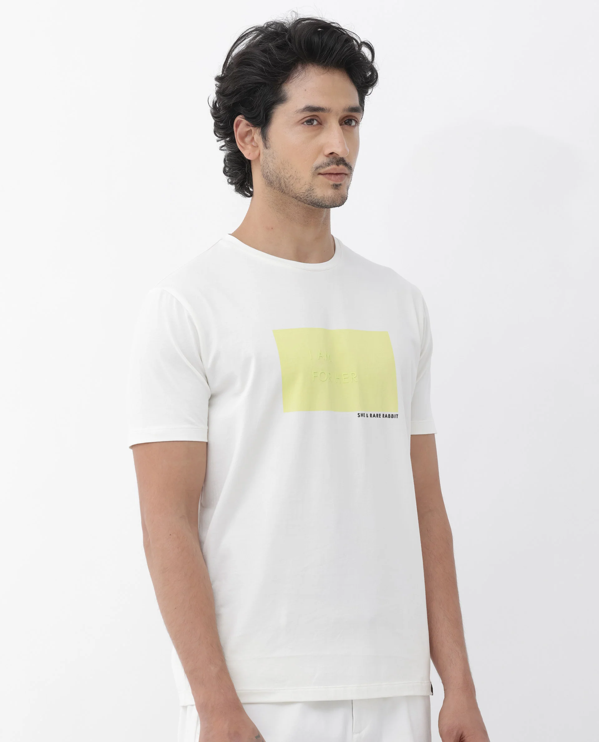 Rare Rabbit Mens Iam-1 White Cotton Lycra Fabric Short Sleeve Slim Fit Graphic Printed T-Shirt - Image 3