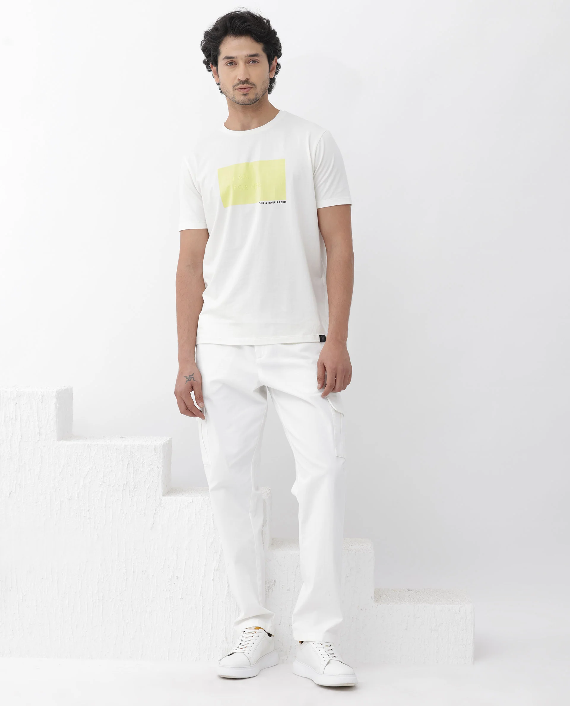 Rare Rabbit Mens Iam-1 White Cotton Lycra Fabric Short Sleeve Slim Fit Graphic Printed T-Shirt - Image 8