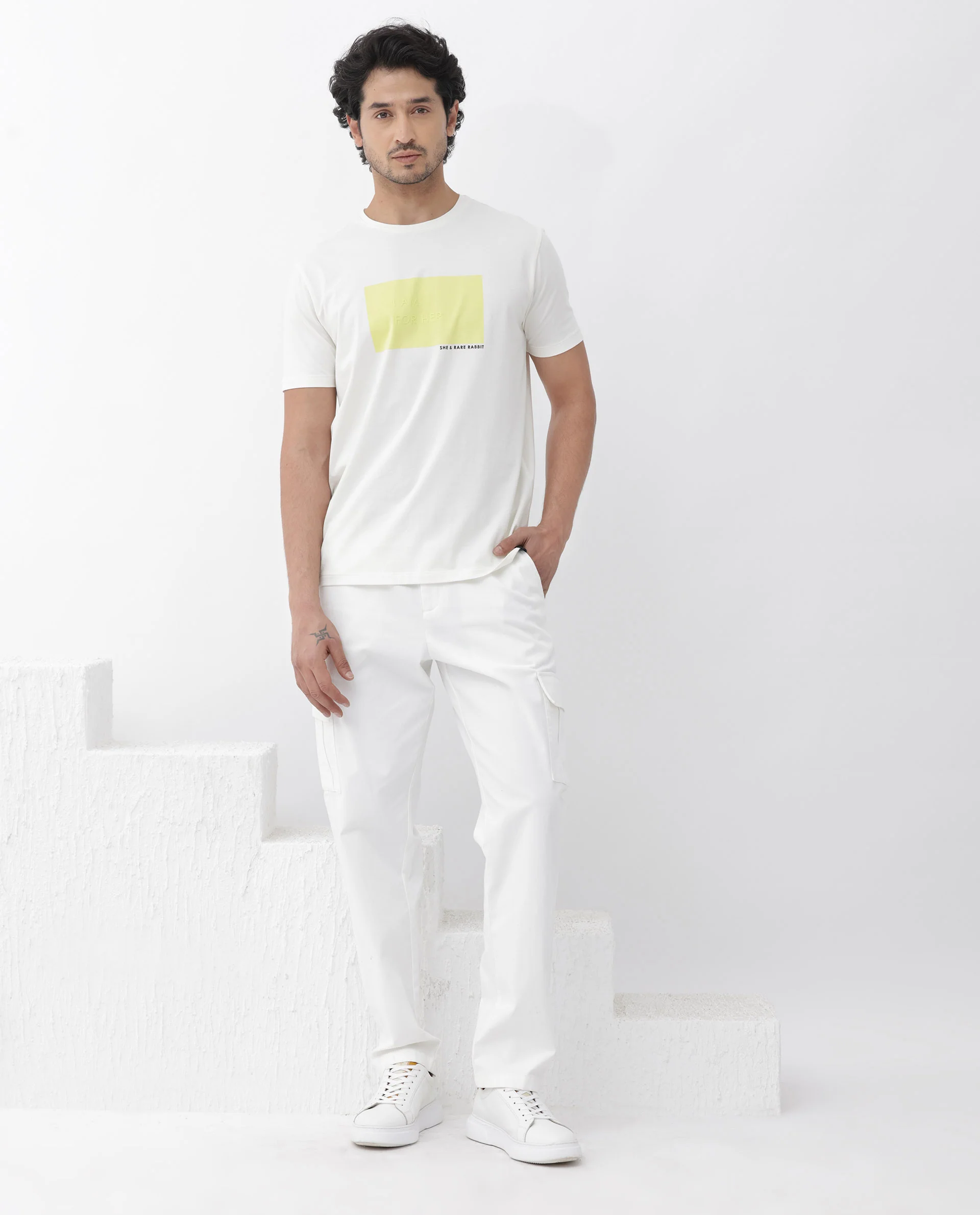 Rare Rabbit Mens Iam-1 White Cotton Lycra Fabric Short Sleeve Slim Fit Graphic Printed T-Shirt - Image 9