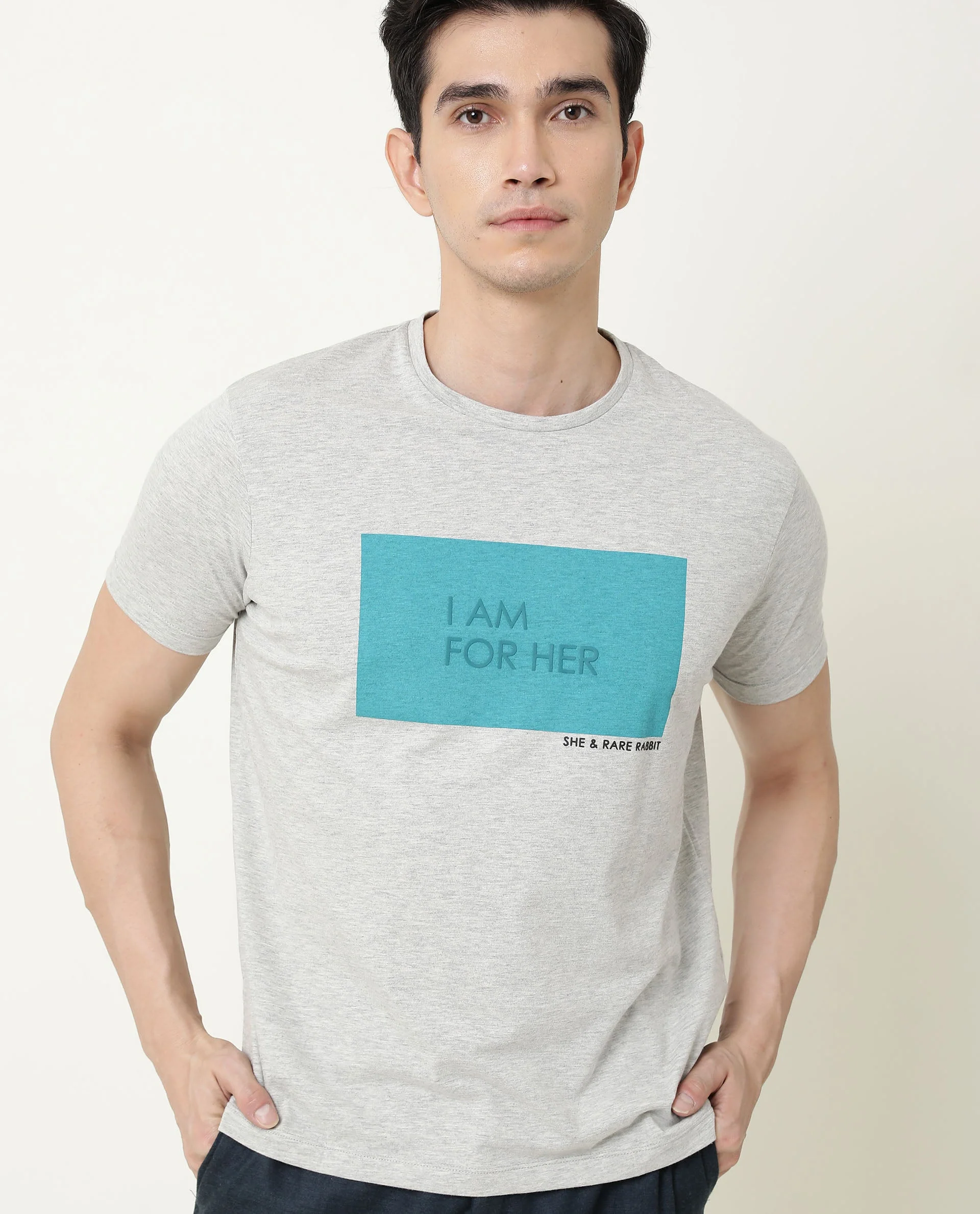 Rare Rabbit Men's I Am Grey Cotton Graphic Print Slim Fit Half Sleeve Crew Neck T-Shirt - Image 2