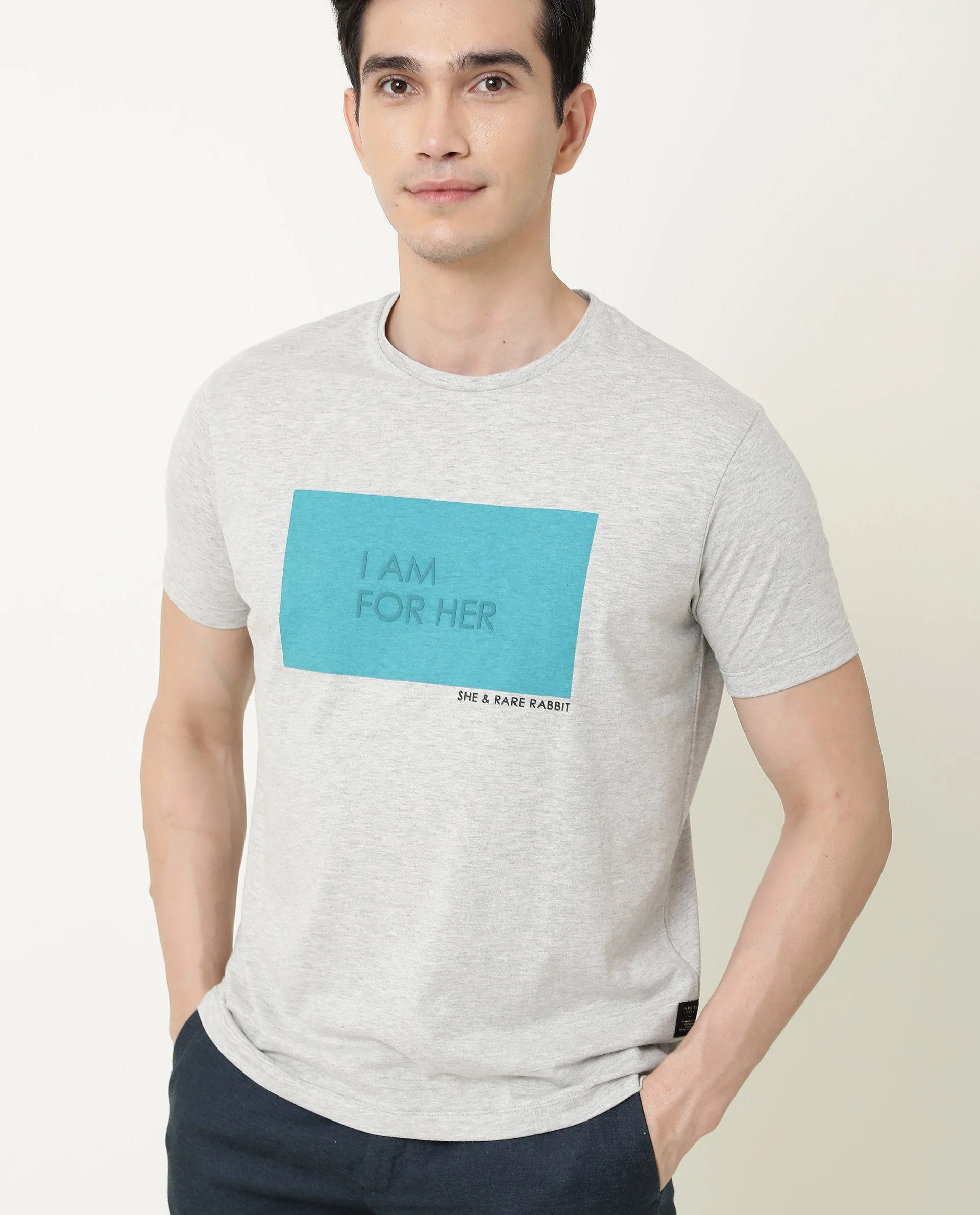 Rare Rabbit Men's I Am Grey Cotton Graphic Print Slim Fit Half Sleeve Crew Neck T-Shirt - Image 4