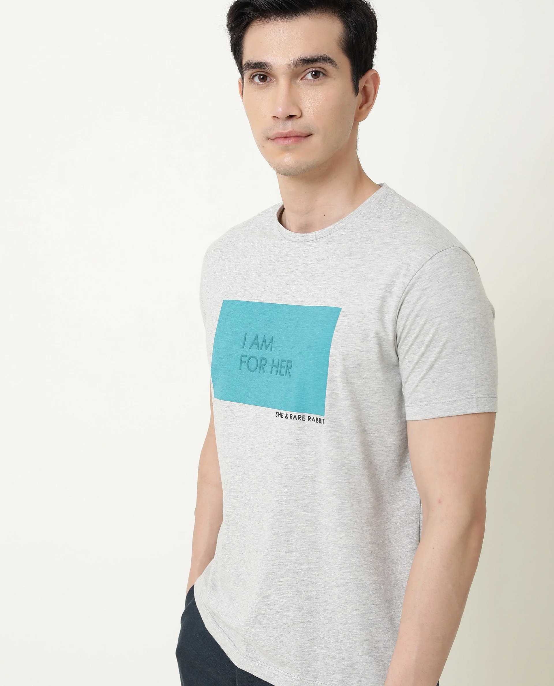 Rare Rabbit Men's I Am Grey Cotton Graphic Print Slim Fit Half Sleeve Crew Neck T-Shirt - Image 5