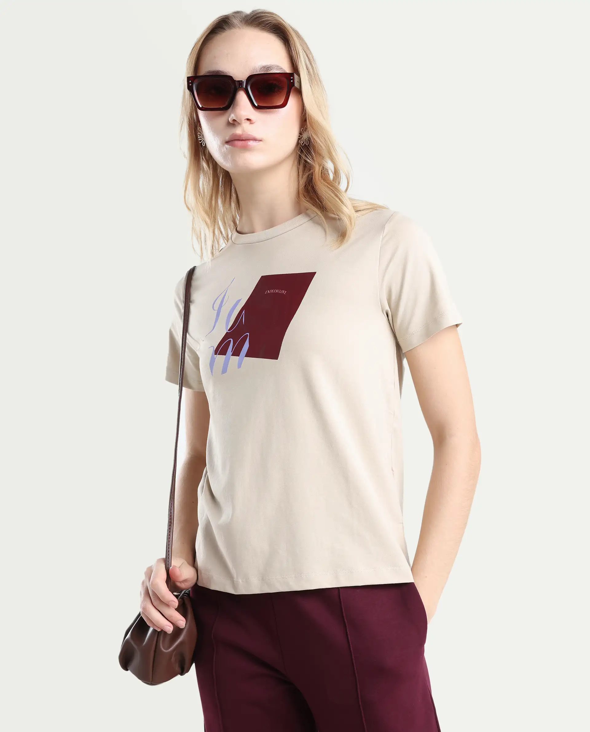 Rareism Women's Ian Beige Cotton Blend Crew Neck Regular Fit T-Shirt