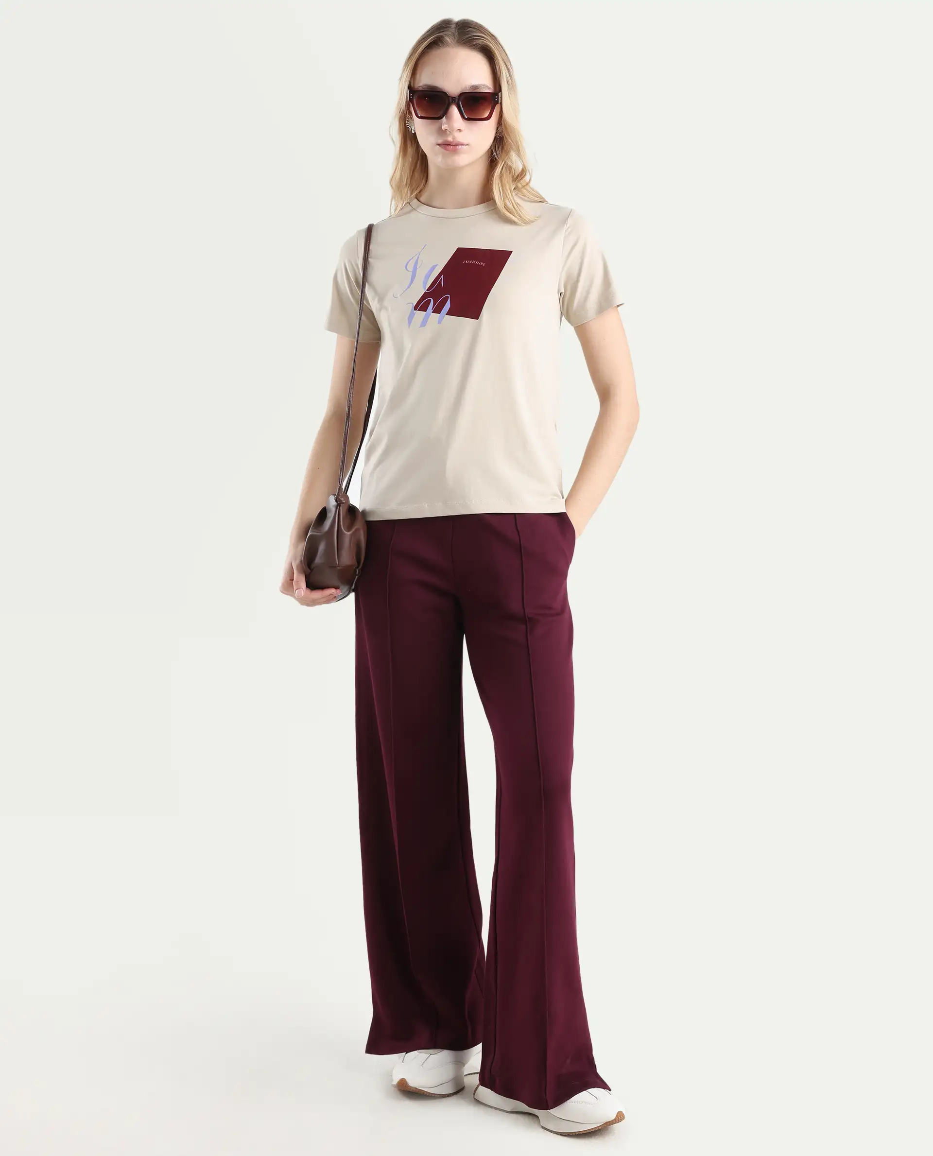 Rareism Women's Ian Beige Cotton Blend Crew Neck Regular Fit T-Shirt - Image 2