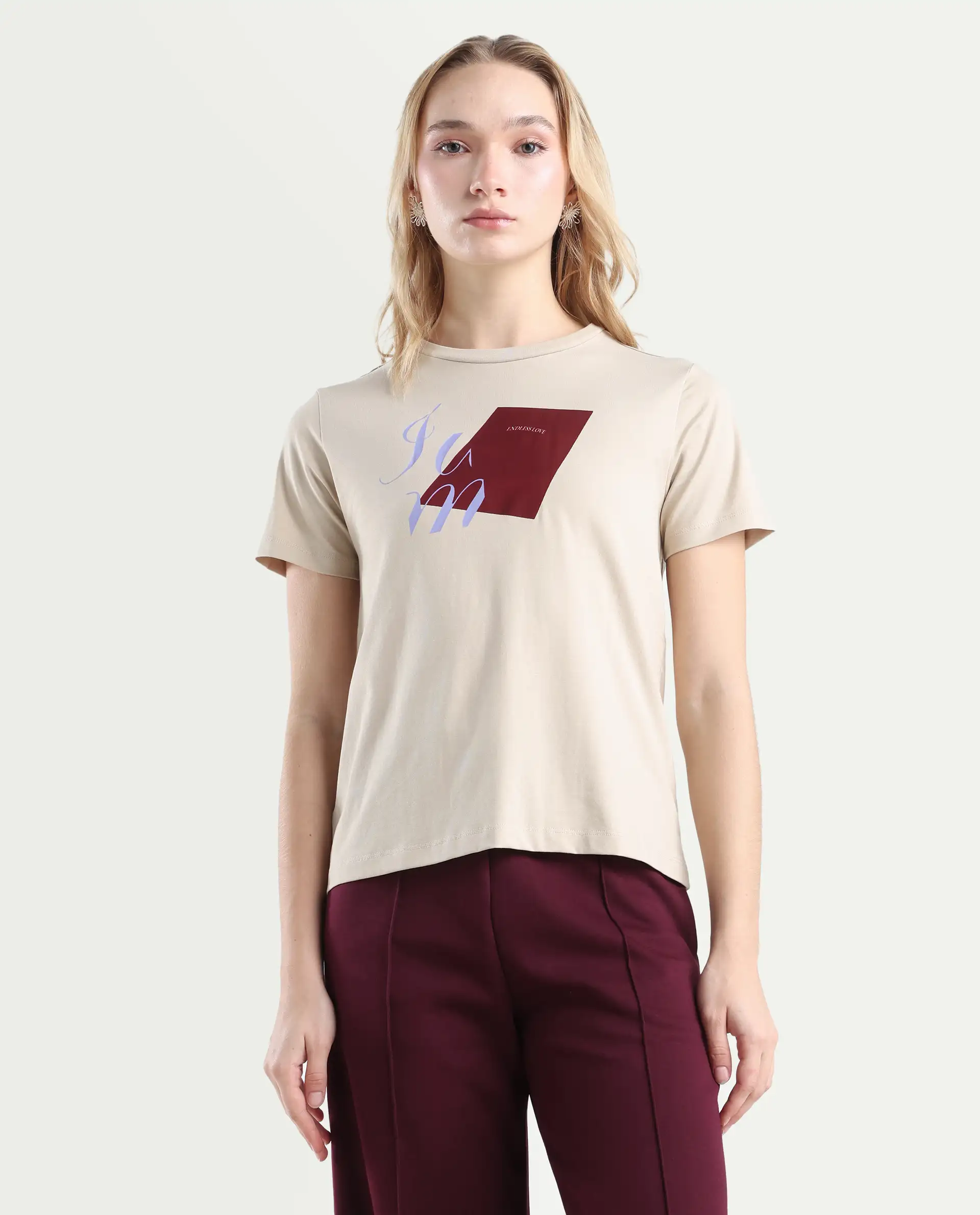 Rareism Women's Ian Beige Cotton Blend Crew Neck Regular Fit T-Shirt - Image 3