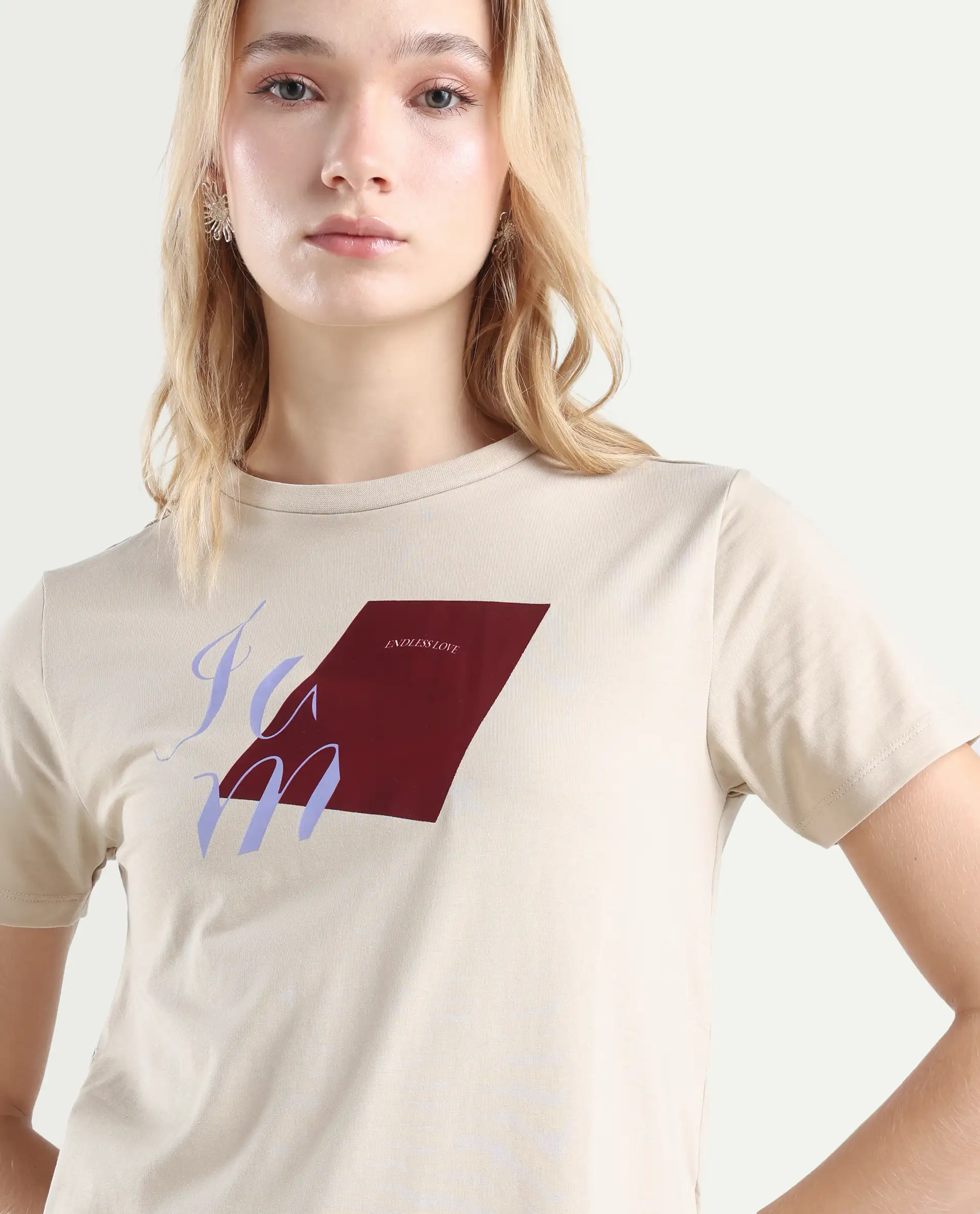 Rareism Women's Ian Beige Cotton Blend Crew Neck Regular Fit T-Shirt - Image 4