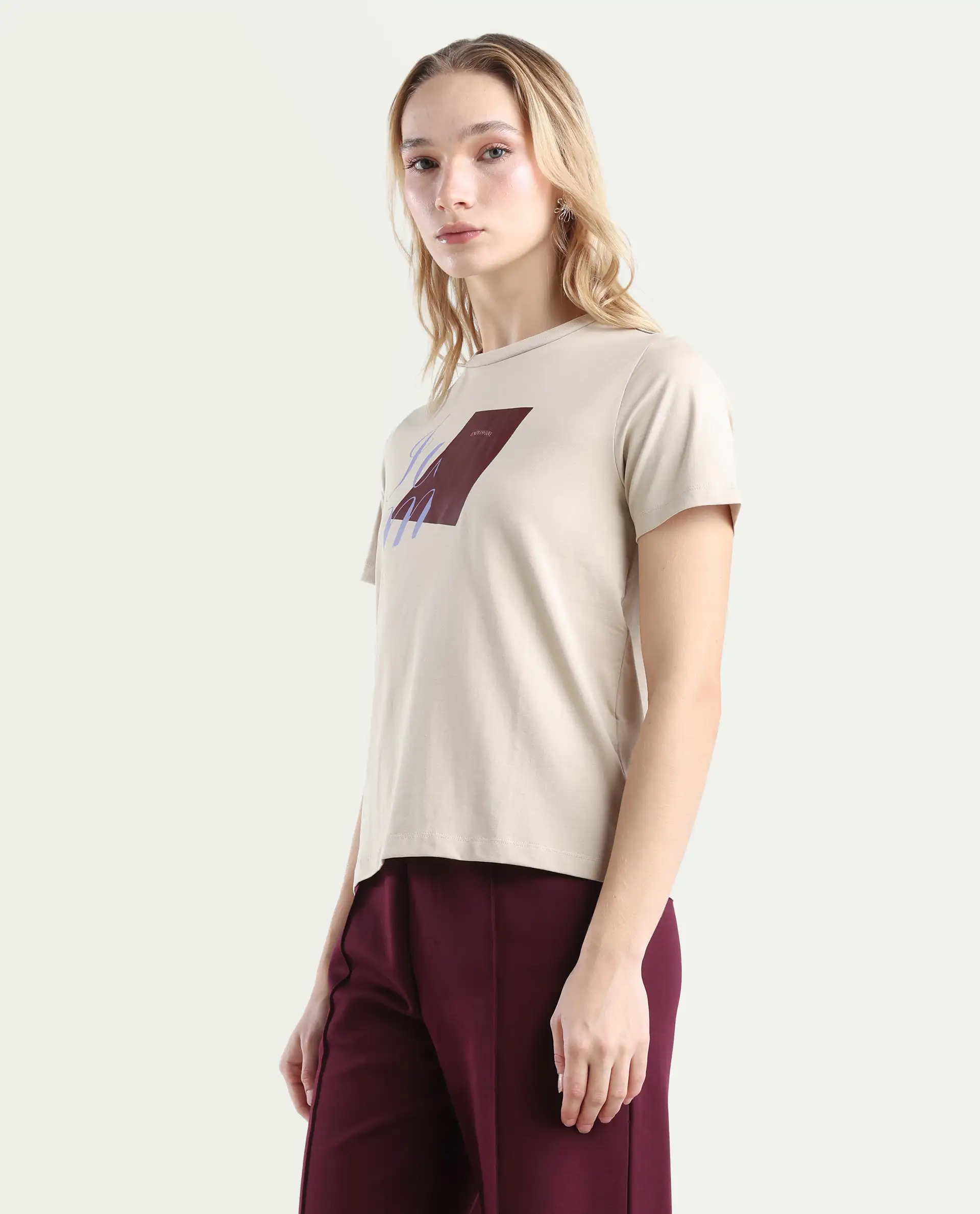 Rareism Women's Ian Beige Cotton Blend Crew Neck Regular Fit T-Shirt - Image 5