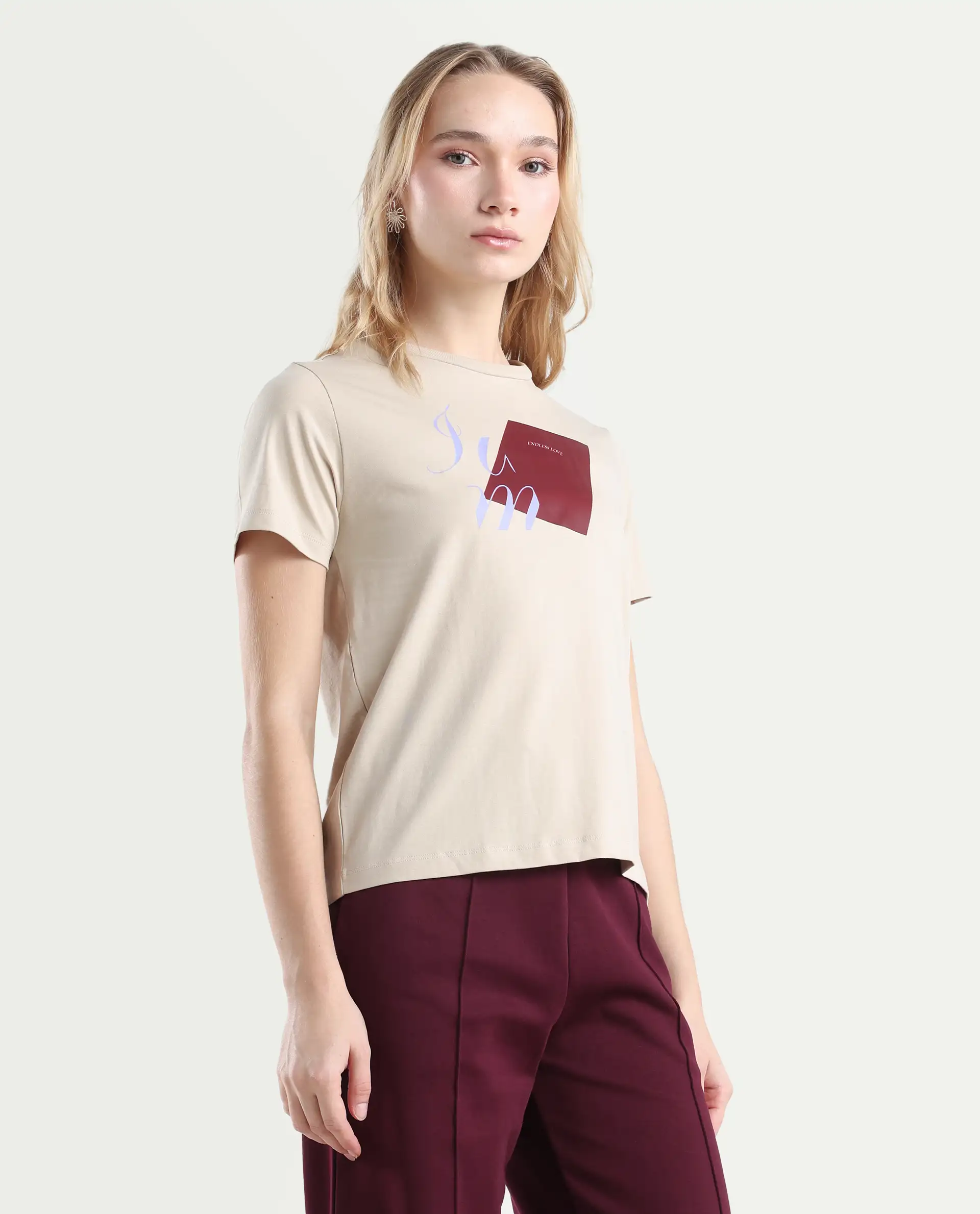 Rareism Women's Ian Beige Cotton Blend Crew Neck Regular Fit T-Shirt - Image 6