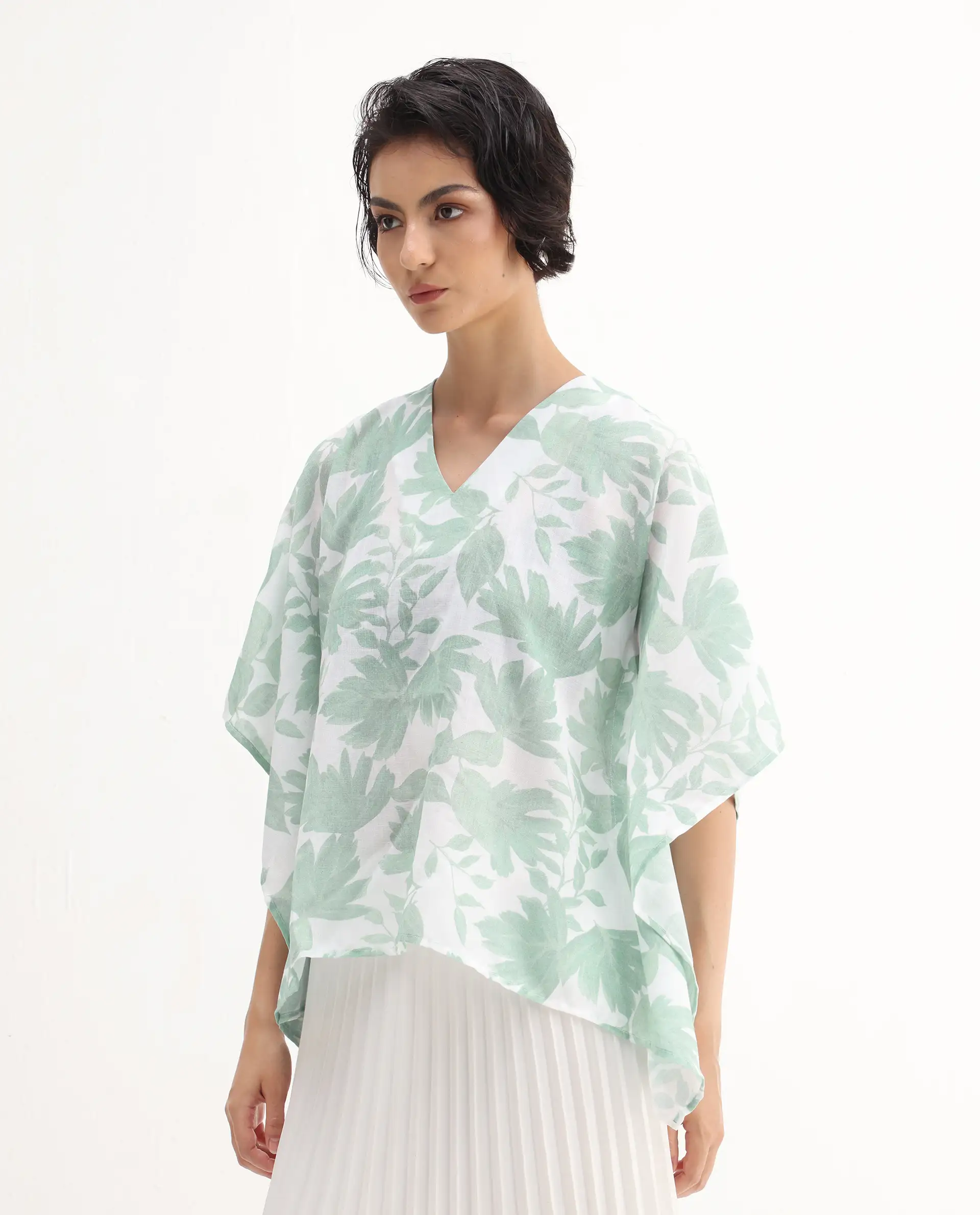 Rareism Women's Ibac Light Green Linen V-Neck Floral Print Kimono Sleeve Relaxed Fit Top - Image 6