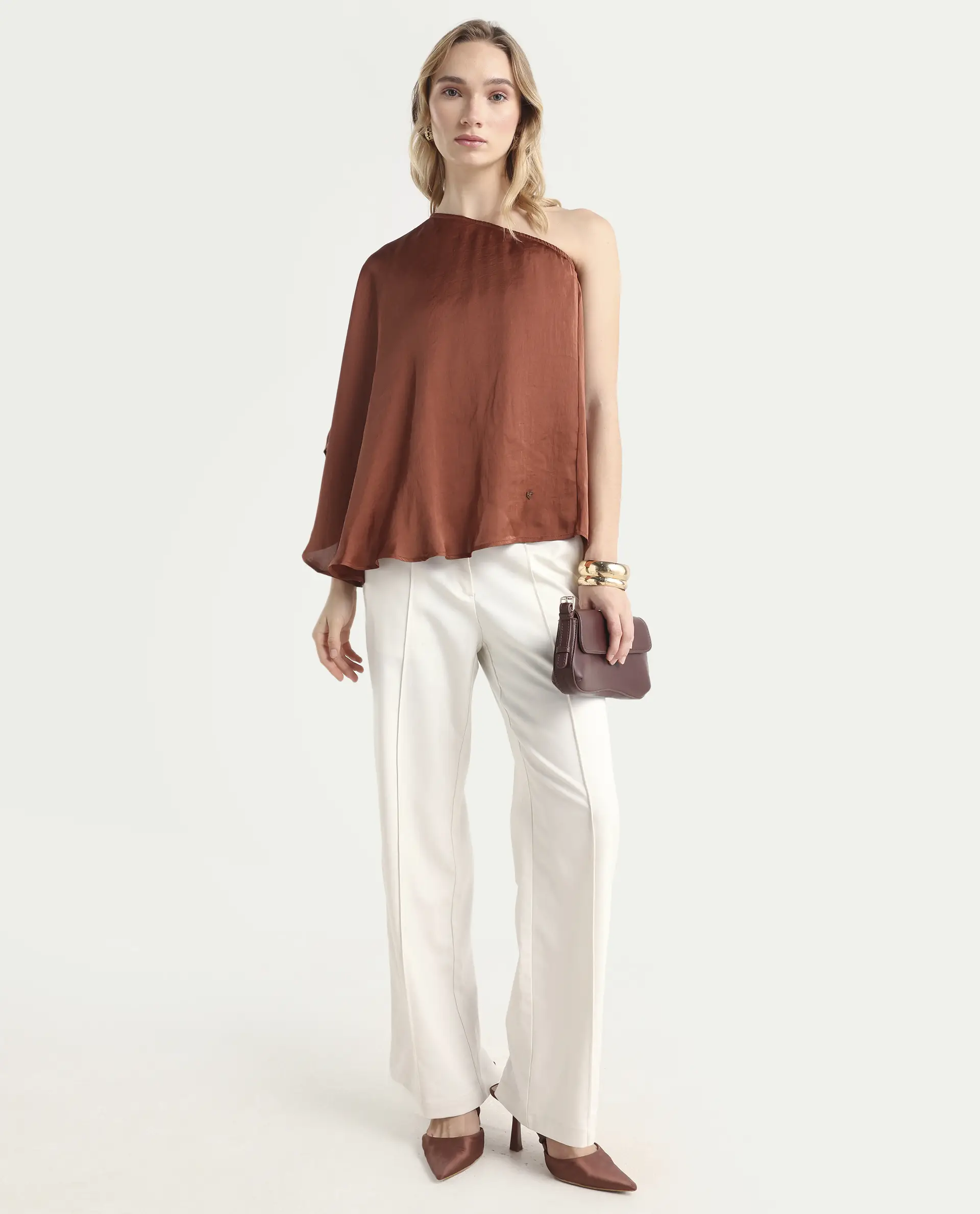 Rareism Women's Ibis Dark Brown Polyester Collarless Plain Flared Sleeve Regular Fit Top