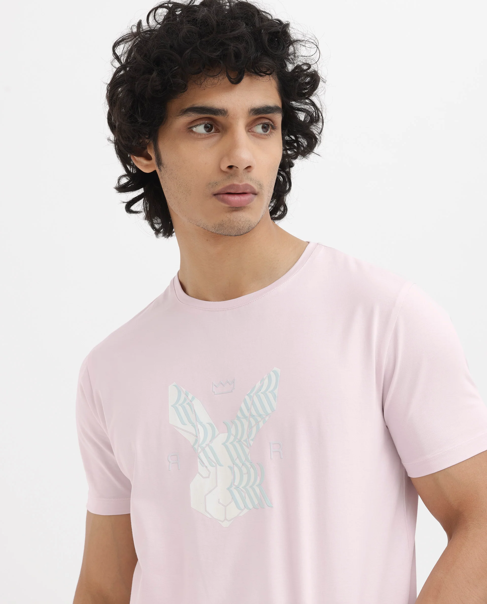 Rare Rabbit Men's Iced Pastel Pink Cotton Blend Graphic Print Regular Fit Half Sleeve Crew Neck T-Shirt - Image 2