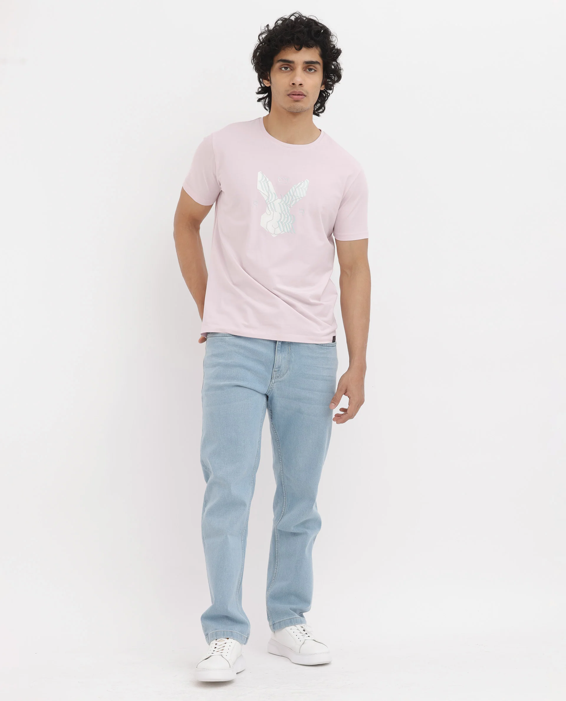 Rare Rabbit Men's Iced Pastel Pink Cotton Blend Graphic Print Regular Fit Half Sleeve Crew Neck T-Shirt - Image 3