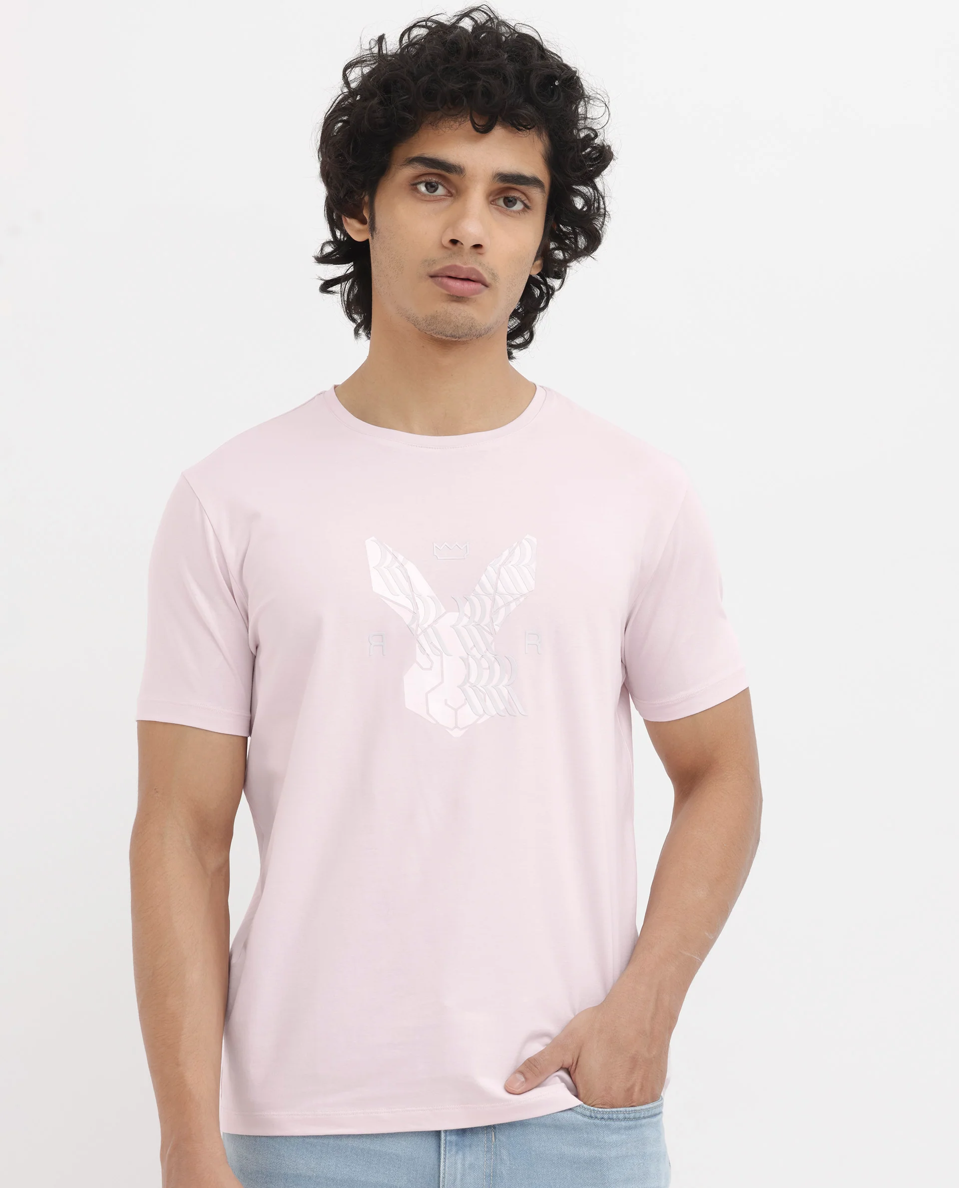 Rare Rabbit Men's Iced Pastel Pink Cotton Blend Graphic Print Regular Fit Half Sleeve Crew Neck T-Shirt - Image 4
