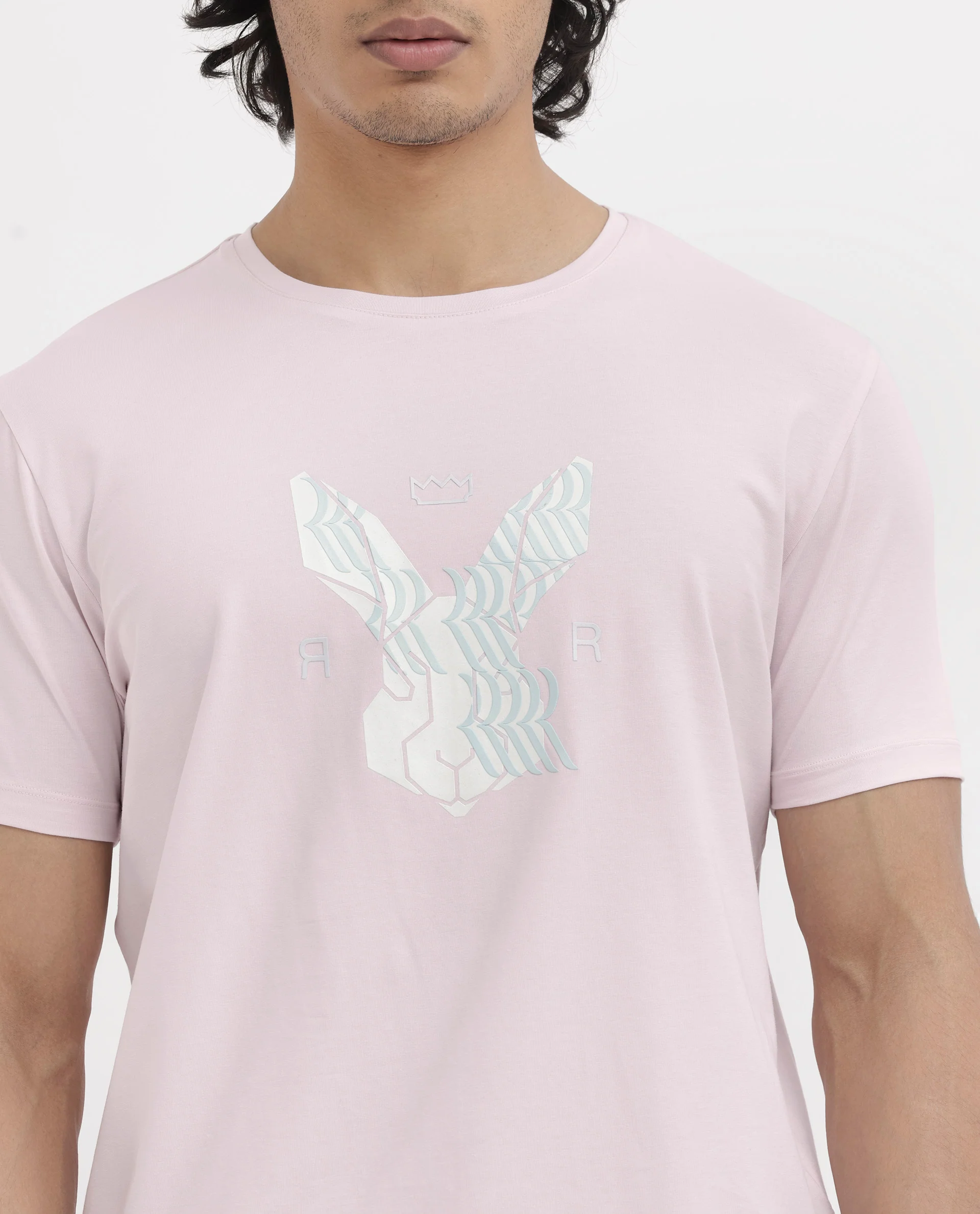 Rare Rabbit Men's Iced Pastel Pink Cotton Blend Graphic Print Regular Fit Half Sleeve Crew Neck T-Shirt - Image 5