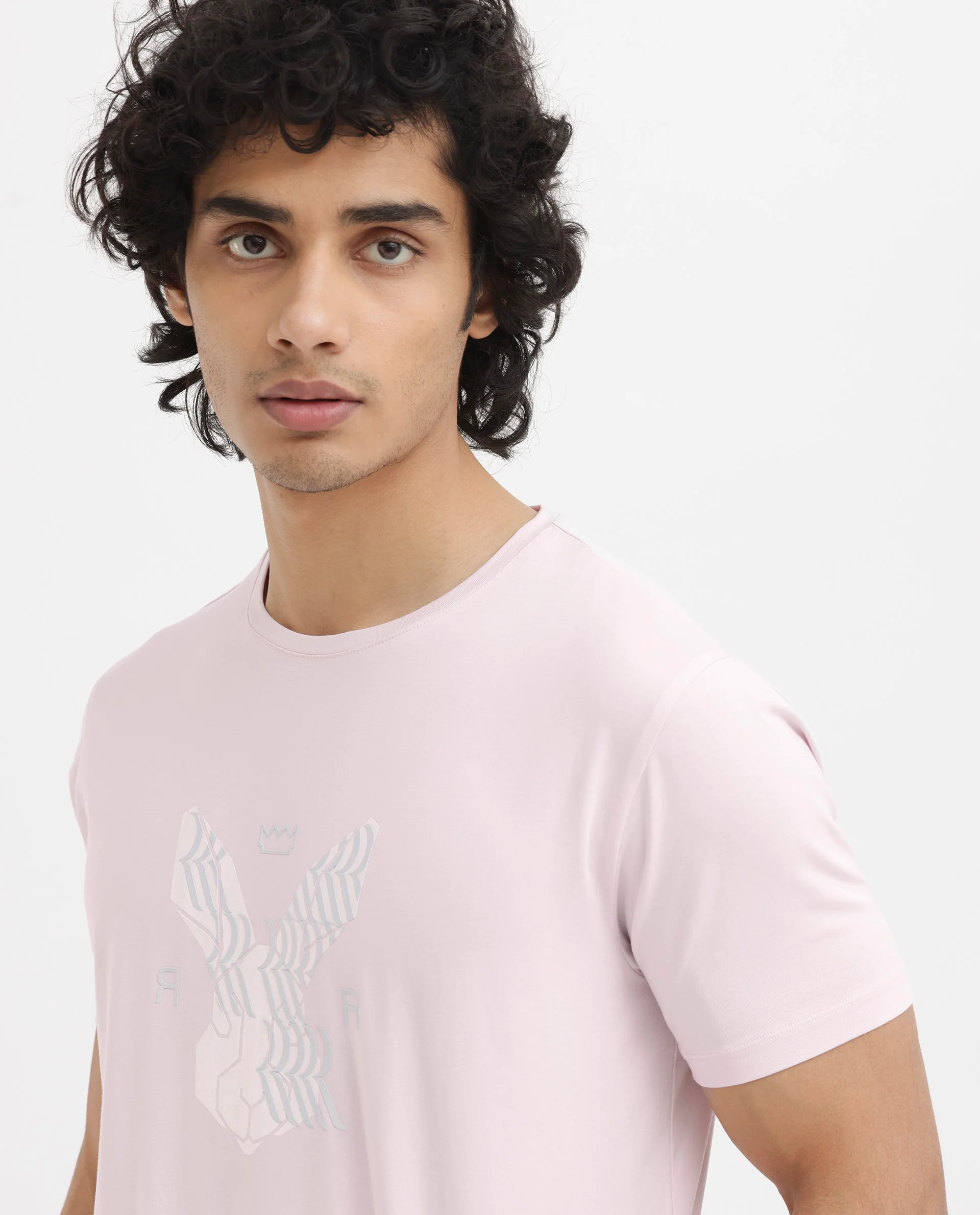 Rare Rabbit Men's Iced Pastel Pink Cotton Blend Graphic Print Regular Fit Half Sleeve Crew Neck T-Shirt - Image 6