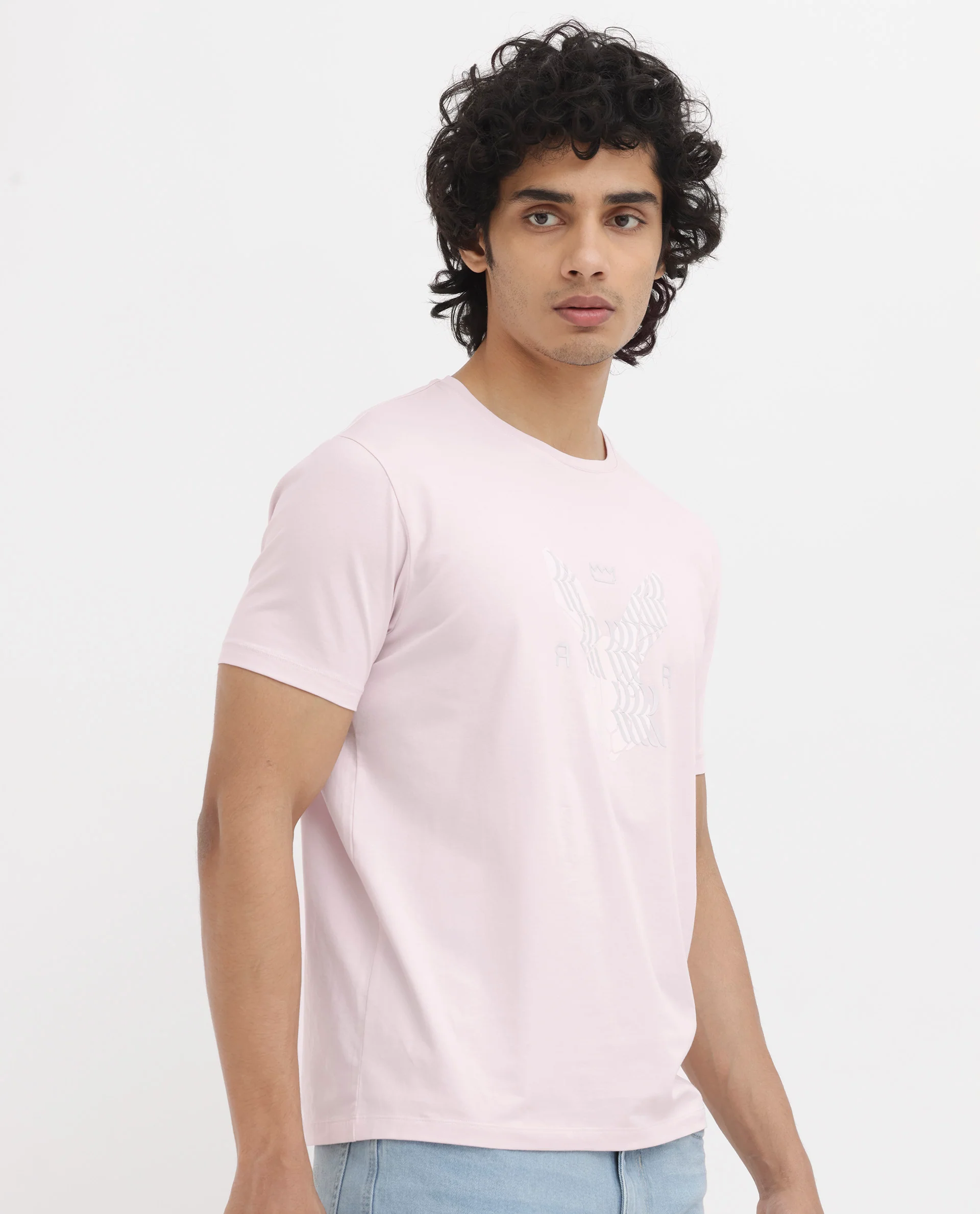 Rare Rabbit Men's Iced Pastel Pink Cotton Blend Graphic Print Regular Fit Half Sleeve Crew Neck T-Shirt - Image 7