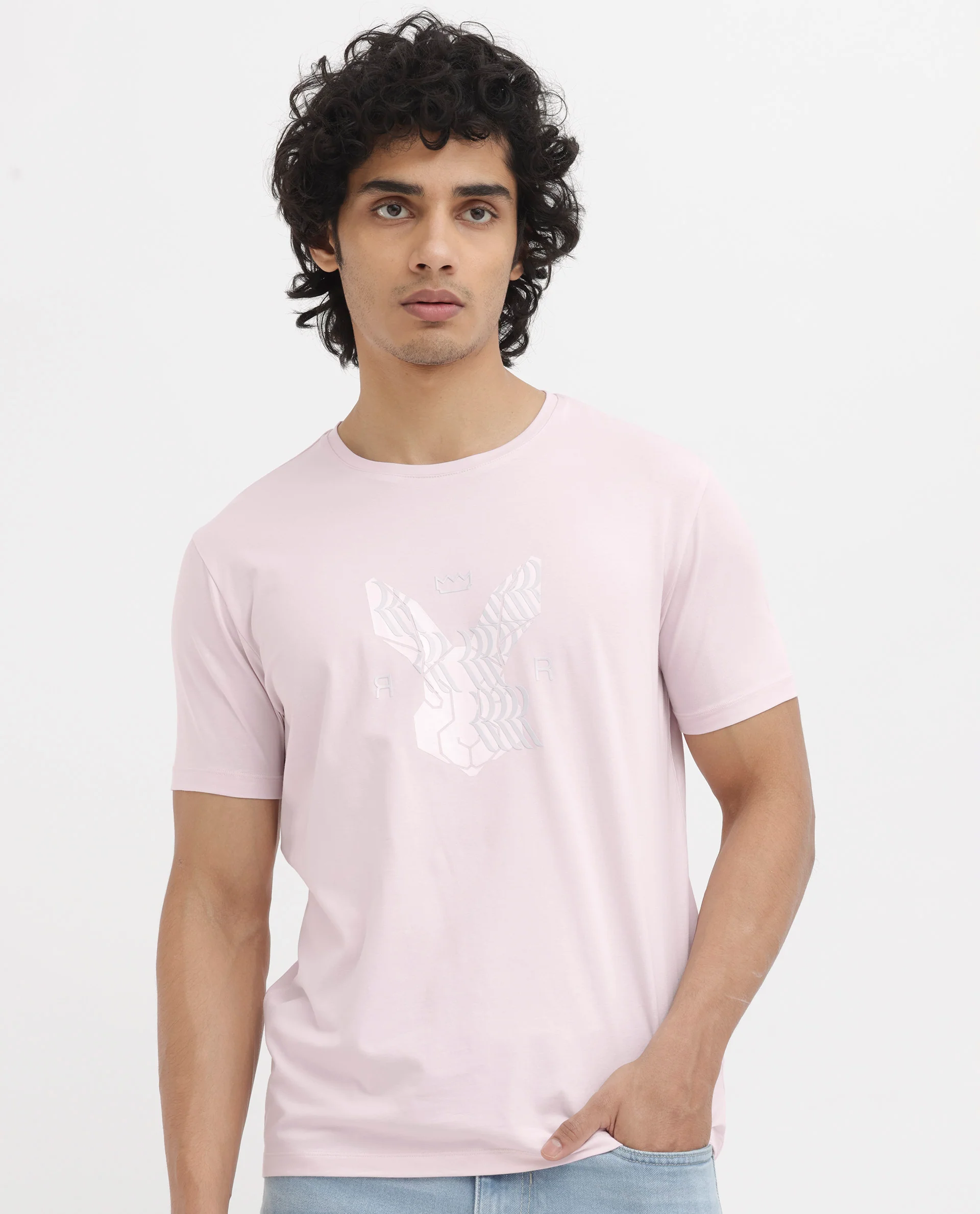 Rare Rabbit Men's Iced Pastel Pink Cotton Blend Graphic Print Regular Fit Half Sleeve Crew Neck T-Shirt - Image 8