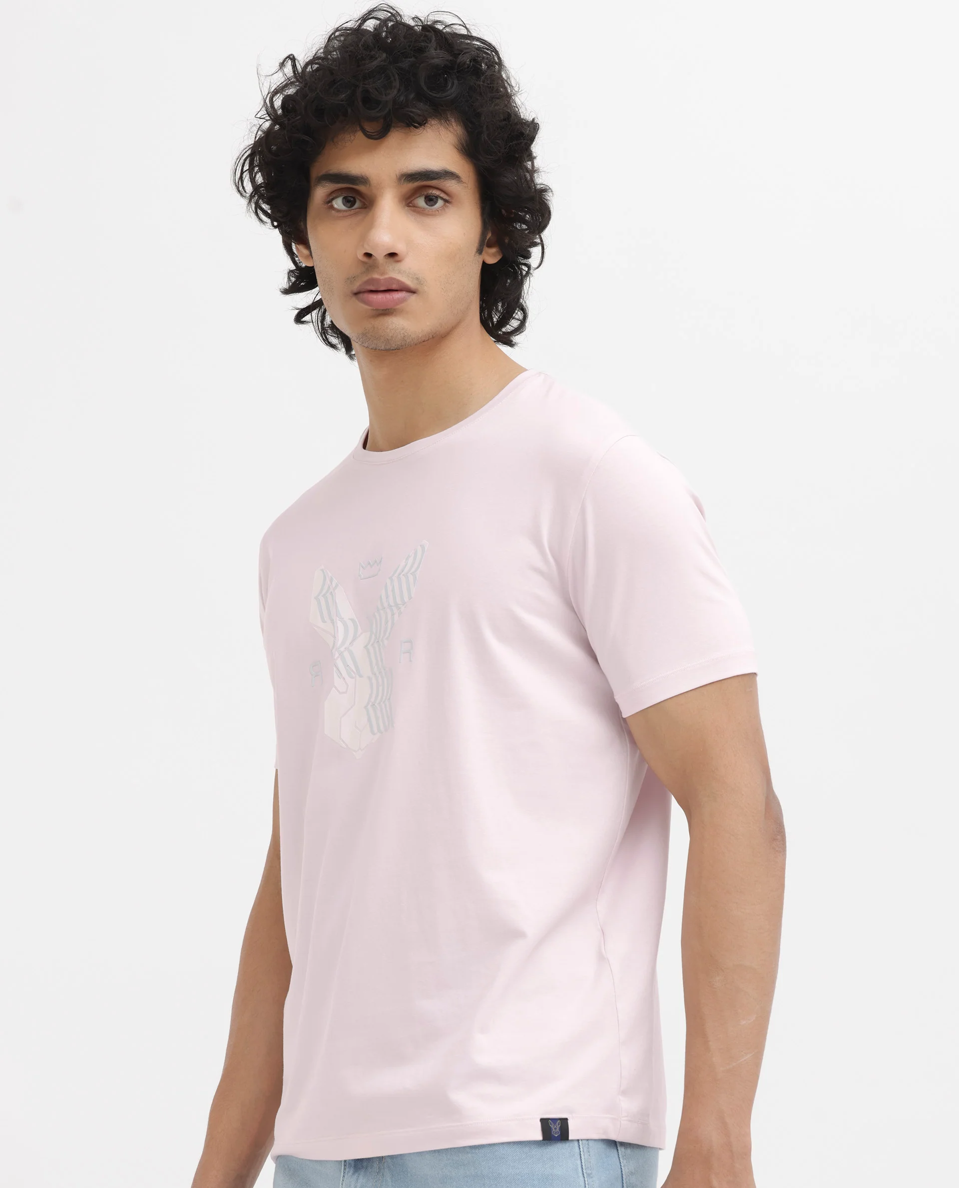 Rare Rabbit Men's Iced Pastel Pink Cotton Blend Graphic Print Regular Fit Half Sleeve Crew Neck T-Shirt - Image 9