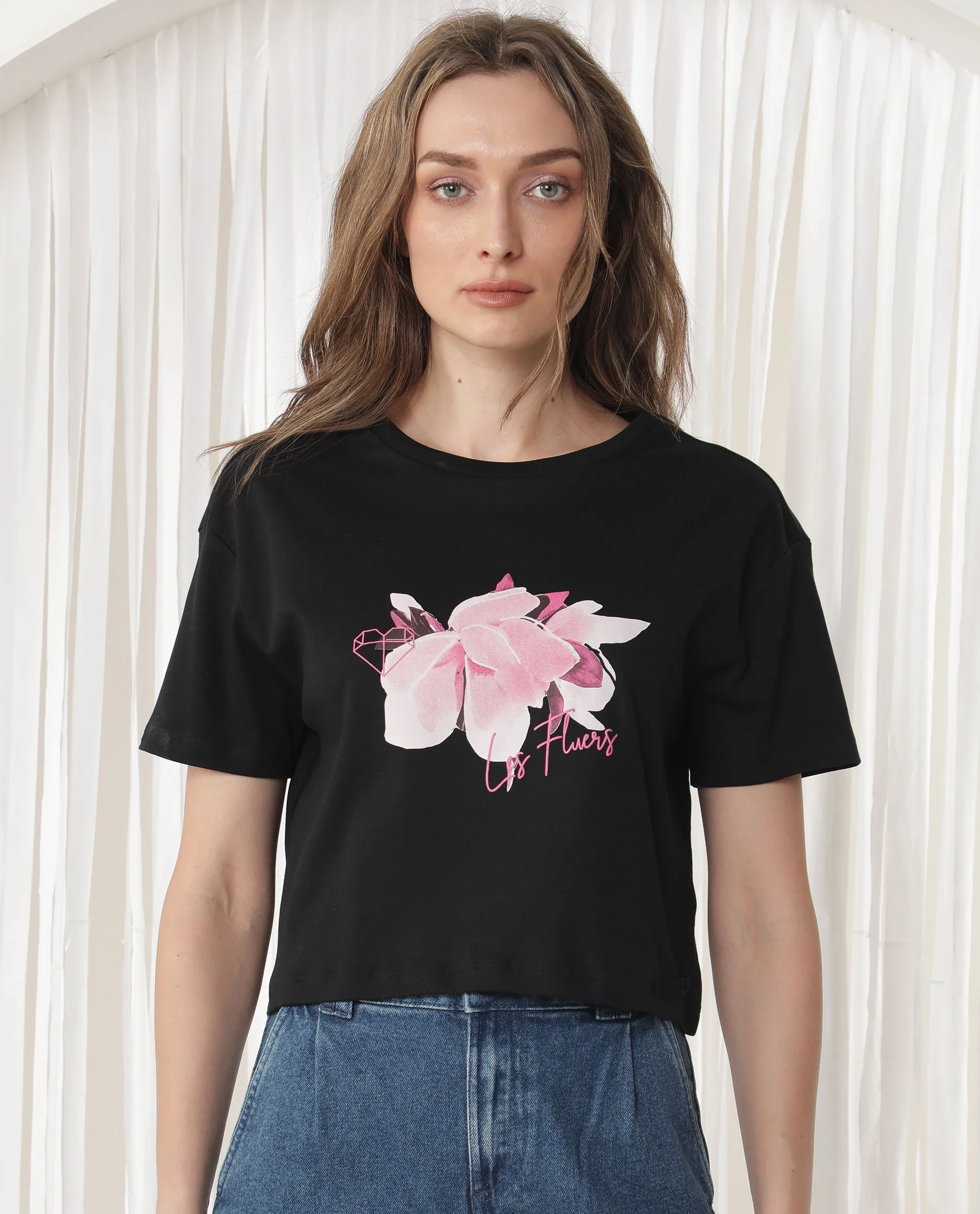 Rareism Women's Ictor Black Cotton Crew Neck Graphic Print Regular Fit T-Shirt - Image 3