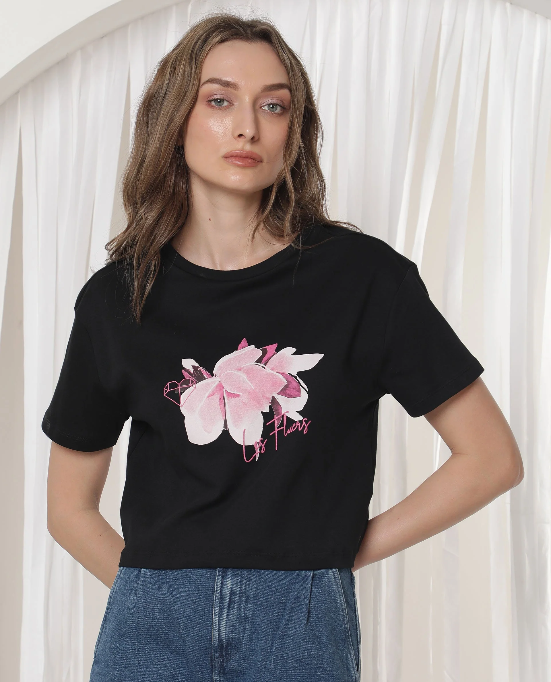 Rareism Women's Ictor Black Cotton Crew Neck Graphic Print Regular Fit T-Shirt - Image 7